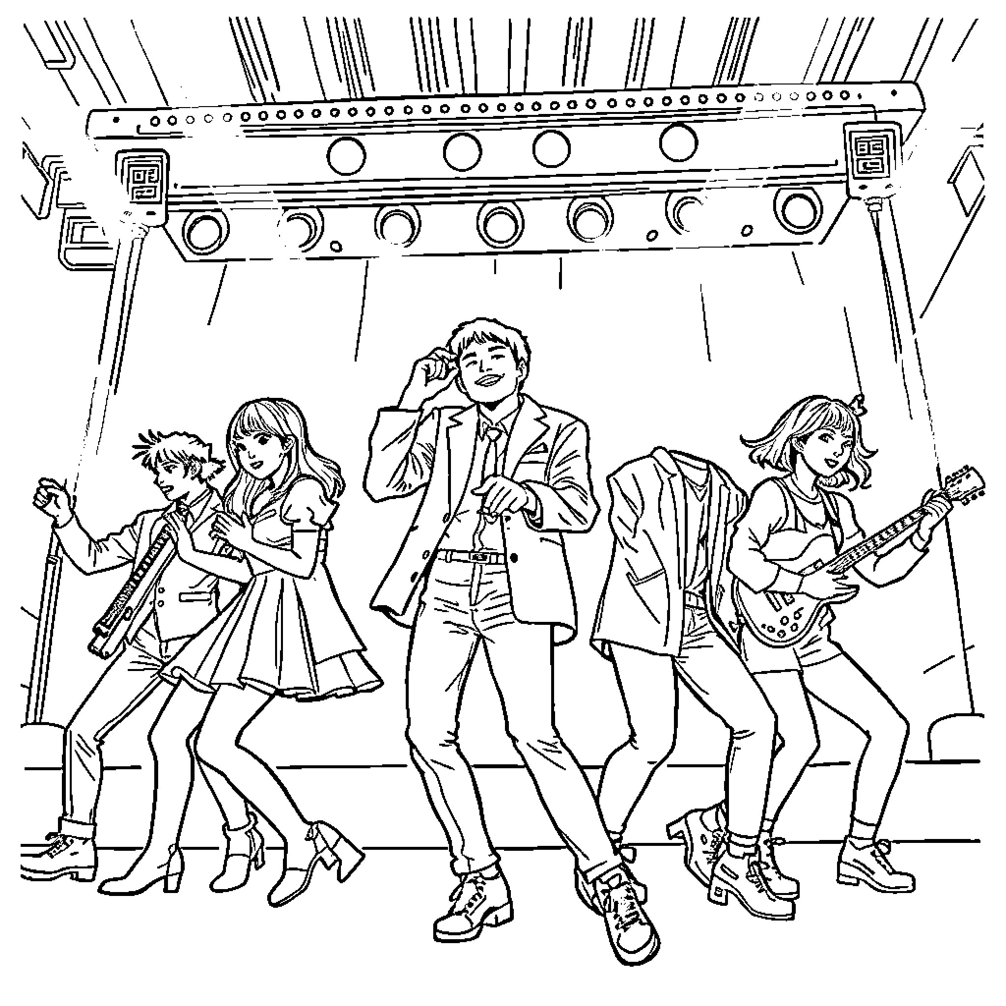 Kpop idols performing on stage with energy and passion Coloring Page (free black-and-white line drawing printable PDF for all, from beginners to advanced learners, including children, teens, adults, and seniors)