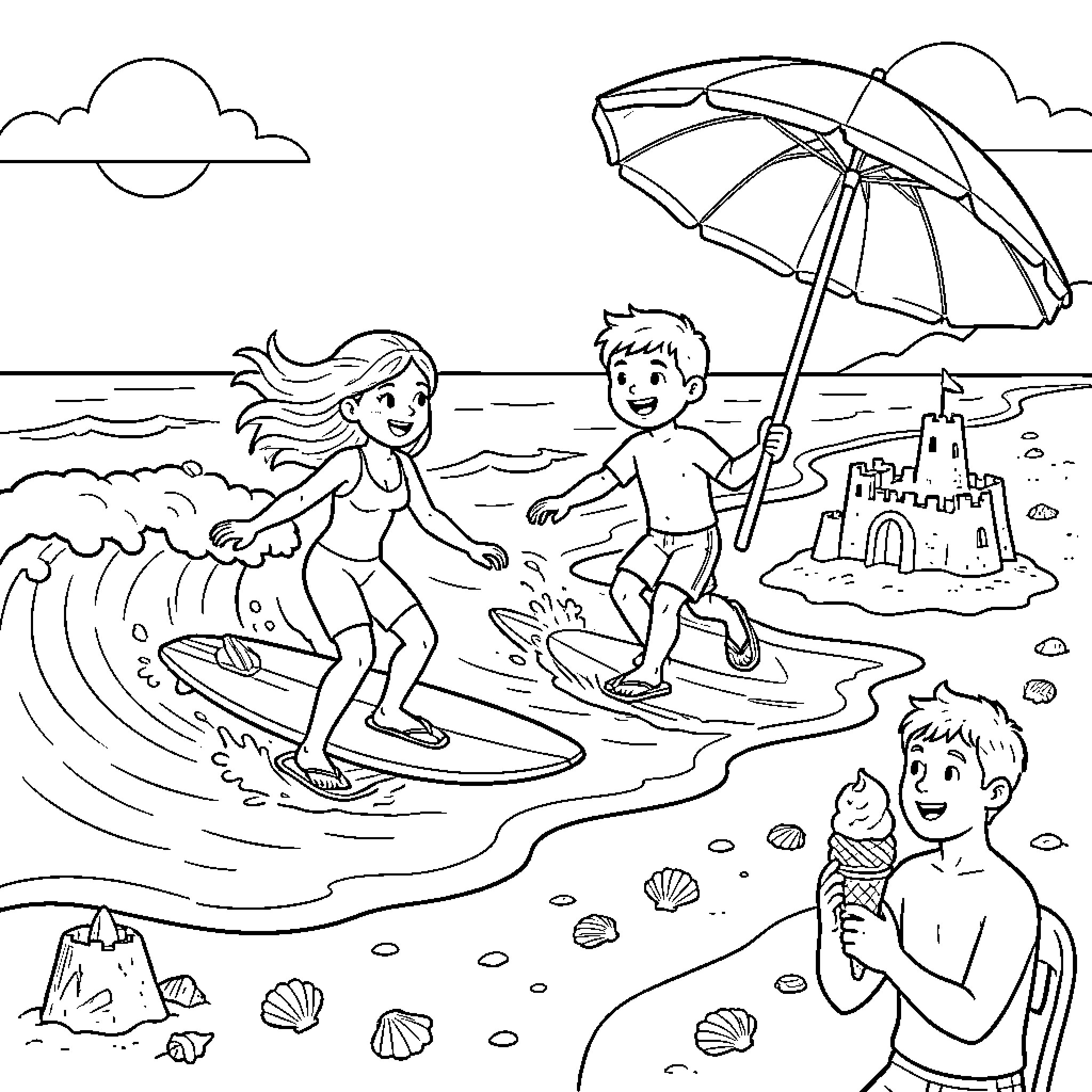 Beach scene with surfing, sandcastles, and eating ice cream Coloring Page (free black-and-white line drawing printable PDF for all, from beginners to advanced learners, including children, teens, adults, and seniors)