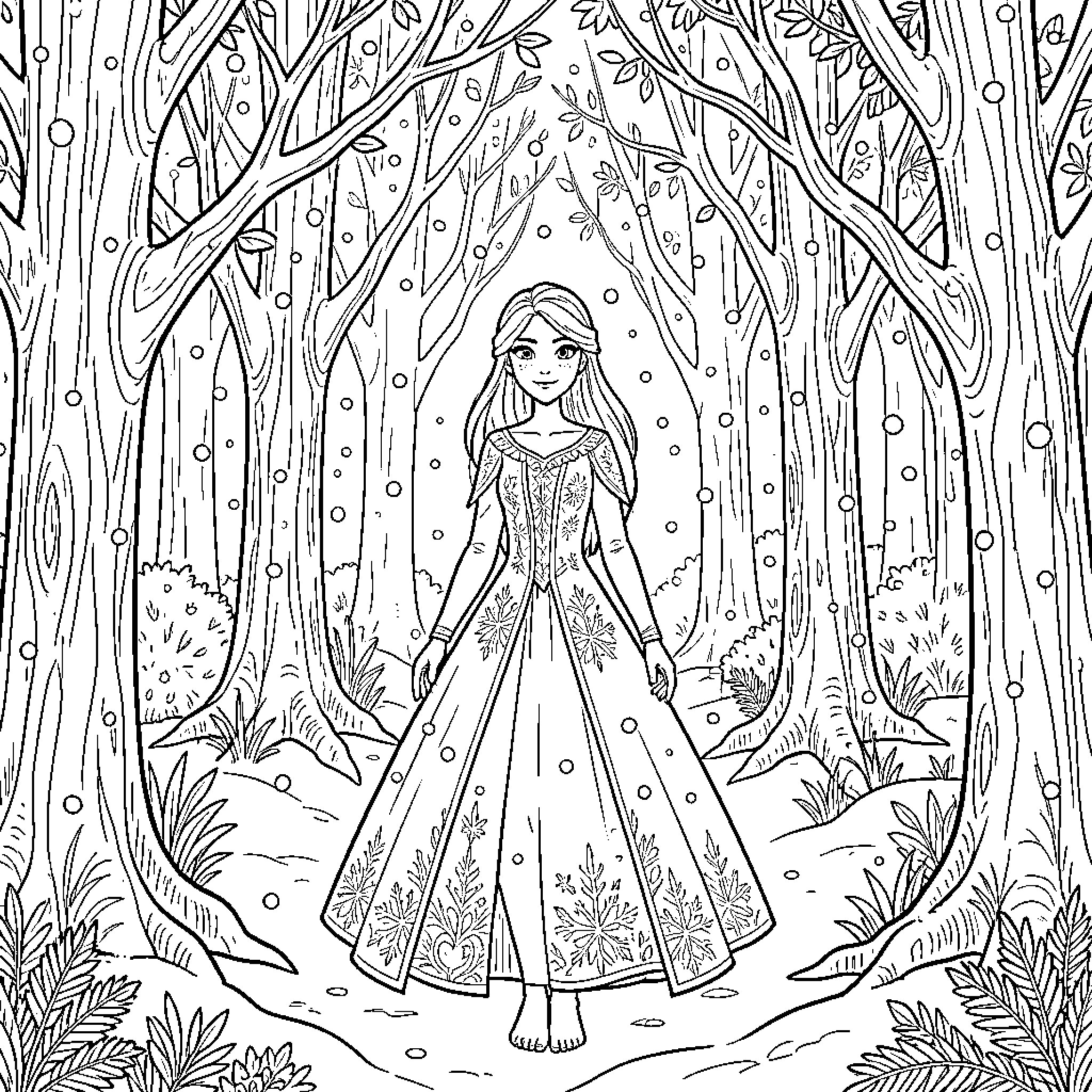 Snow Queen standing gracefully in a winter forest Coloring Page (free black-and-white line drawing printable PDF for all, from beginners to advanced learners, including children, teens, adults, and seniors)