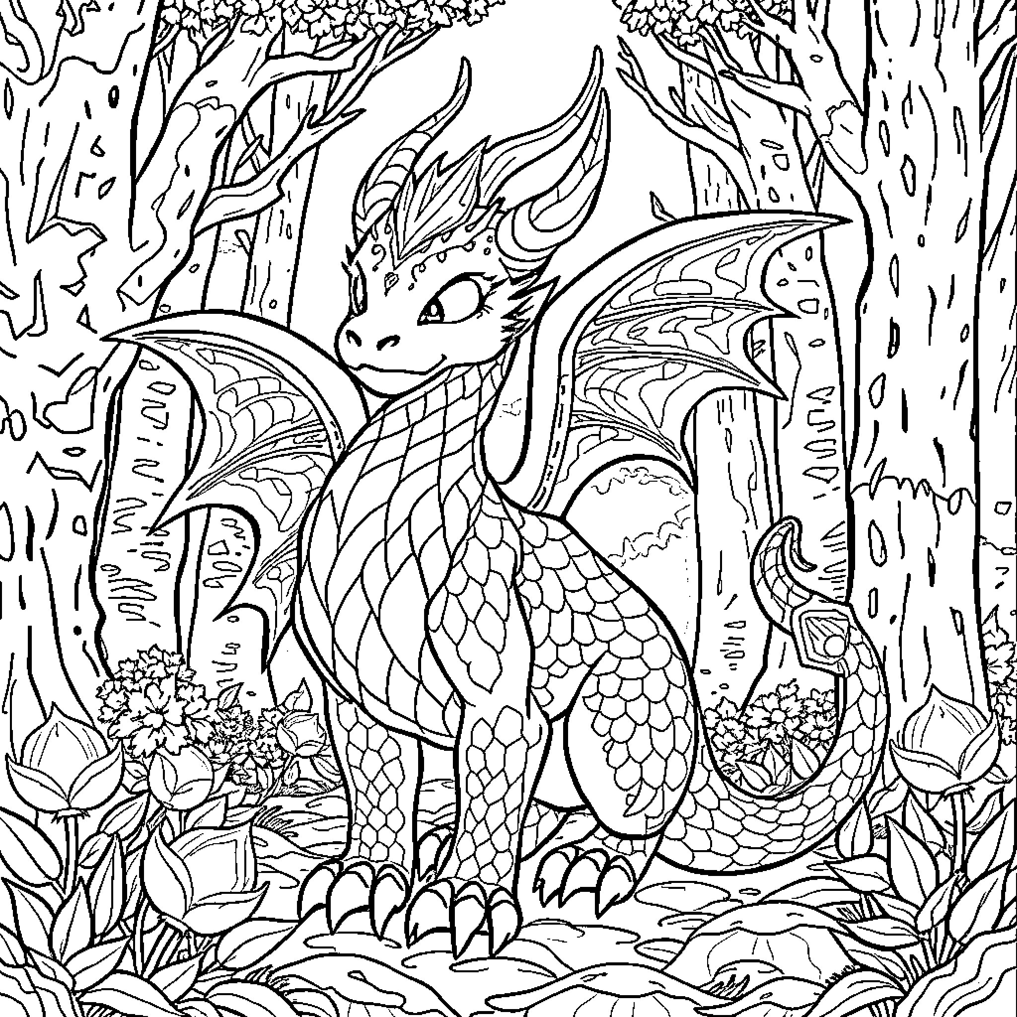 Creature in a mystical forest environment Coloring Page (free black-and-white line drawing printable PDF for all, from beginners to advanced learners, including children, teens, adults, and seniors)
