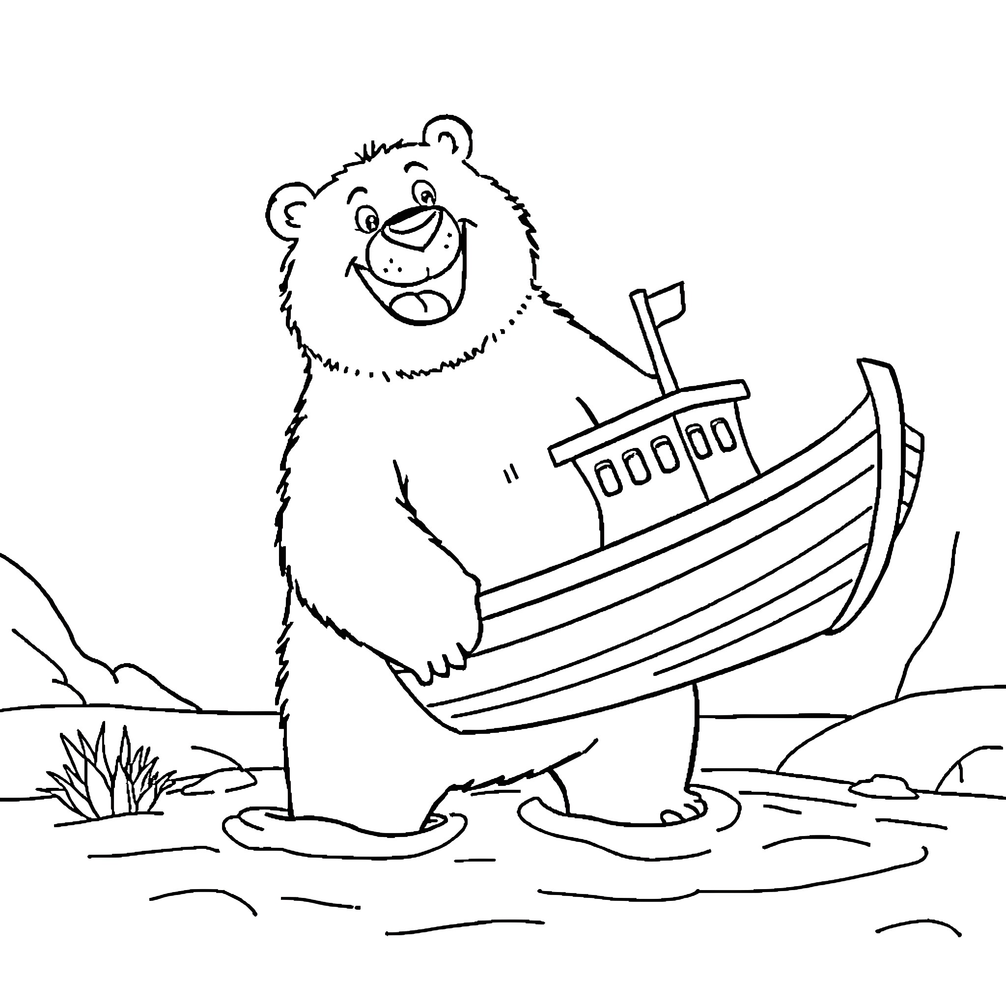 Bamse navigating his toy boat Coloring Page (free black-and-white line drawing printable PDF for all, from beginners to advanced learners, including children, teens, adults, and seniors)