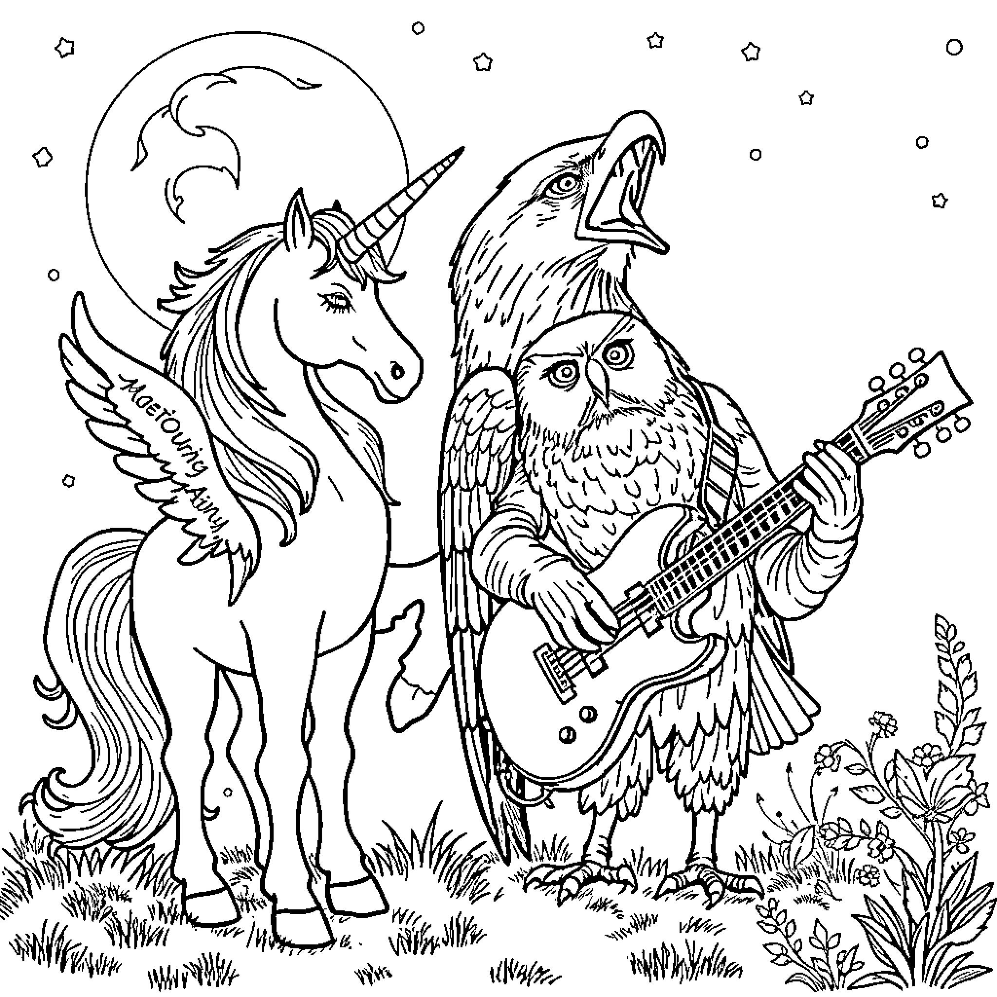 Unicorn and Owl Jamming Under the Moonlight Coloring Page (free black-and-white line drawing printable PDF for all, from beginners to advanced learners, including children, teens, adults, and seniors)