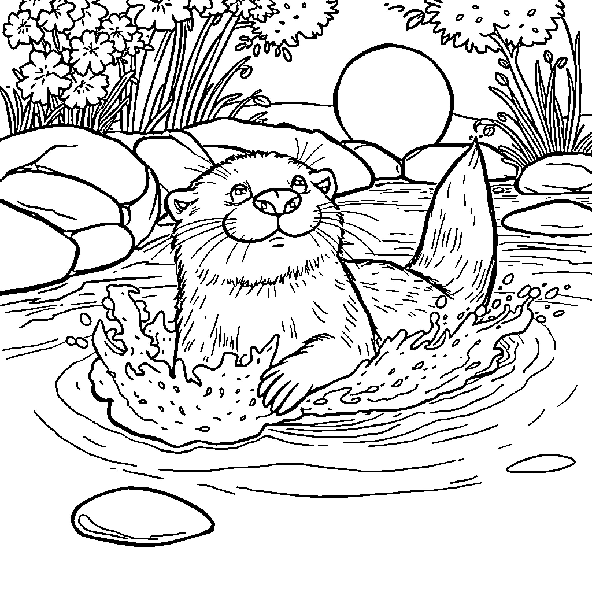 Otter enjoying a peaceful day in the pond Coloring Page (free black-and-white line drawing printable PDF for all, from beginners to advanced learners, including children, teens, adults, and seniors)