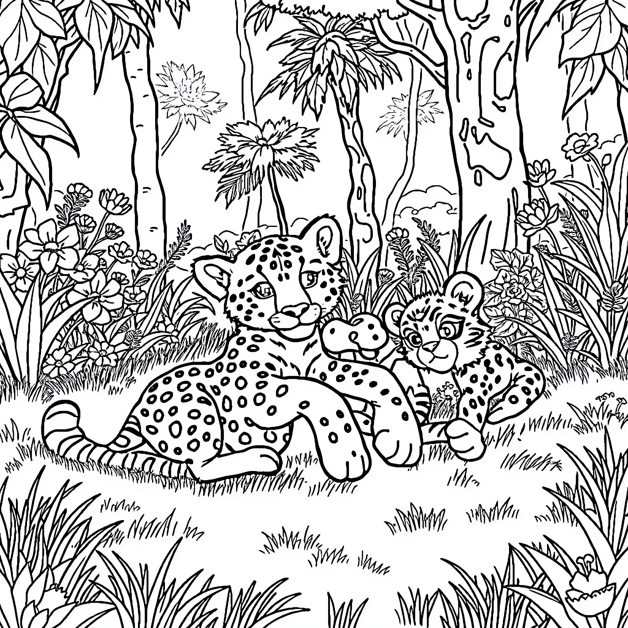 Cheetahs resting in the lush jungle Coloring Page (free black-and-white line drawing printable PDF for all, from beginners to advanced learners, including children, teens, adults, and seniors)