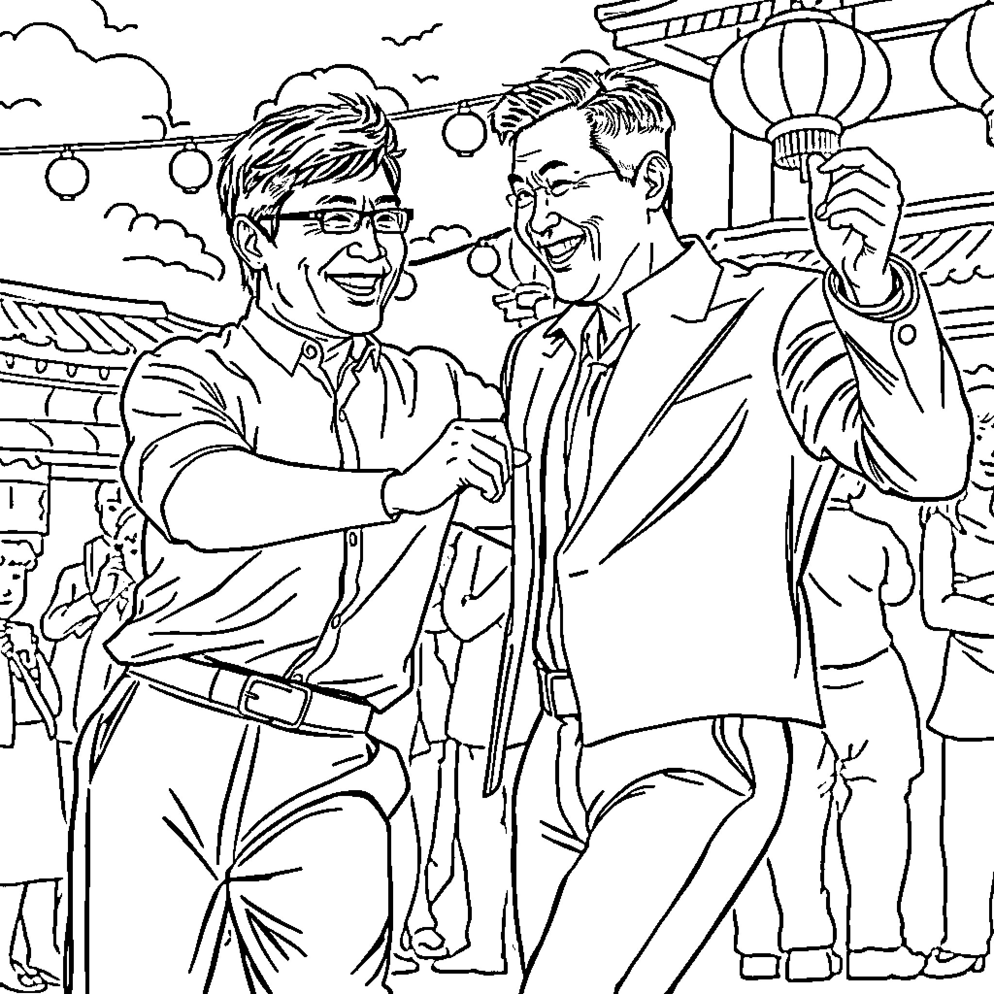 Jackie Chan and Co-Star Sharing a Joyful Moment on Set Coloring Page (free black-and-white line drawing printable PDF for all, from beginners to advanced learners, including children, teens, adults, and seniors)