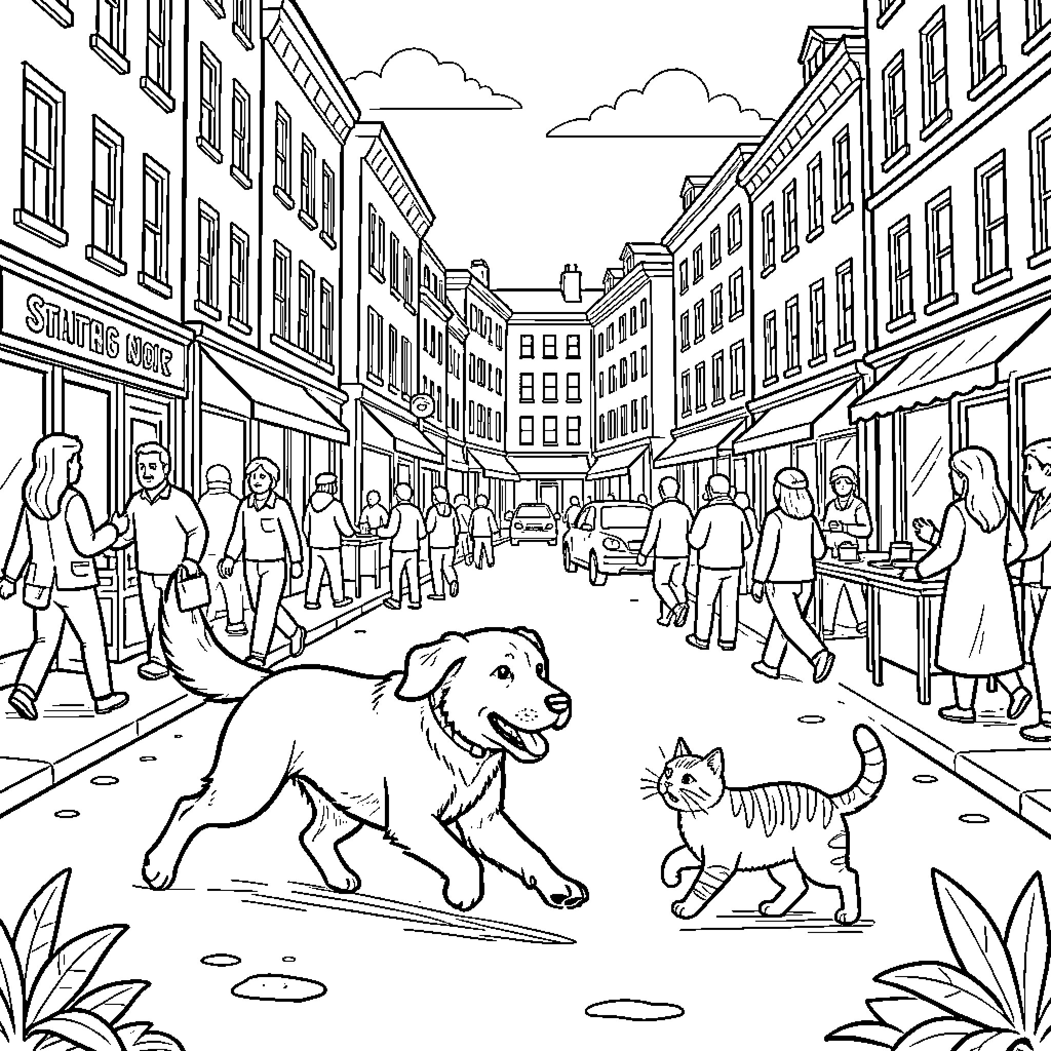 Dog and cat running through a busy street Coloring Page (free black-and-white line drawing printable PDF for all, from beginners to advanced learners, including children, teens, adults, and seniors)
