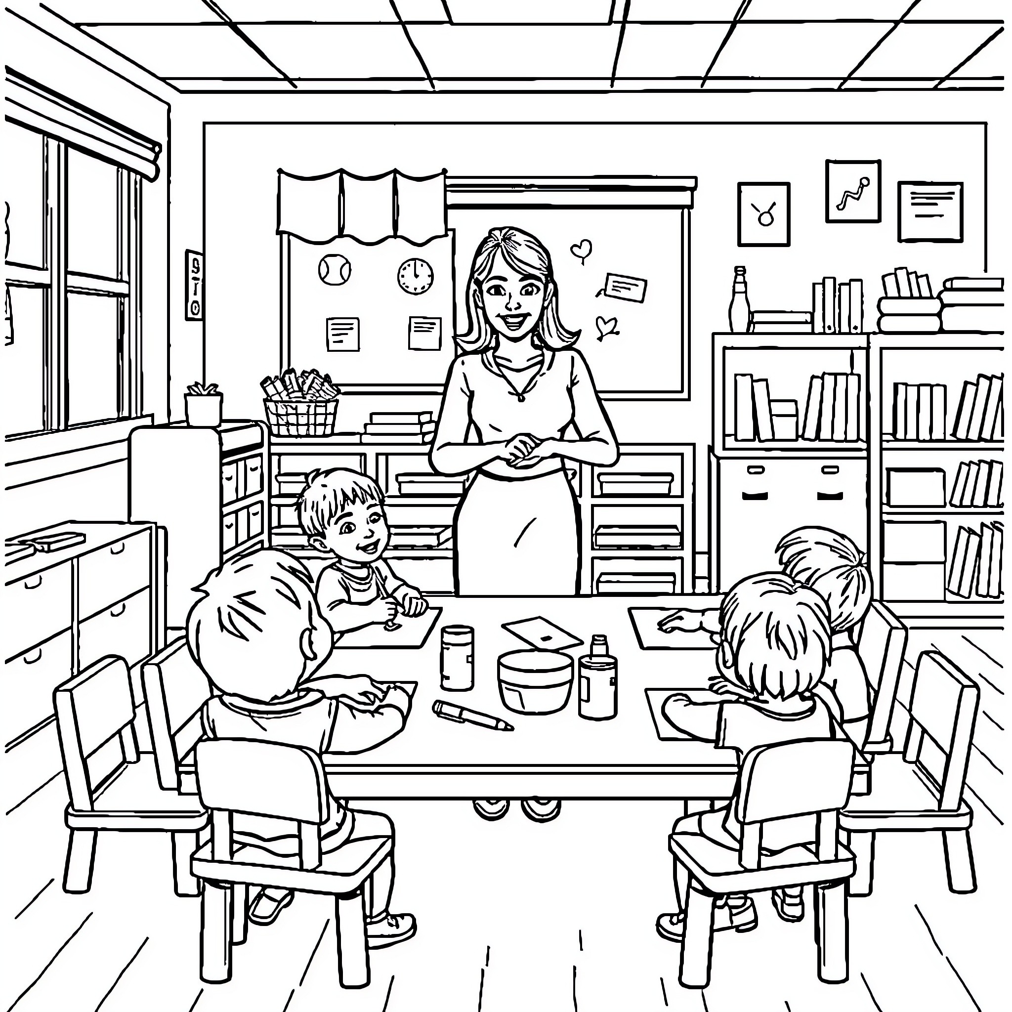 Teacher guiding students in a classroom setting Coloring Page (free black-and-white line drawing printable PDF for all, from beginners to advanced learners, including children, teens, adults, and seniors)