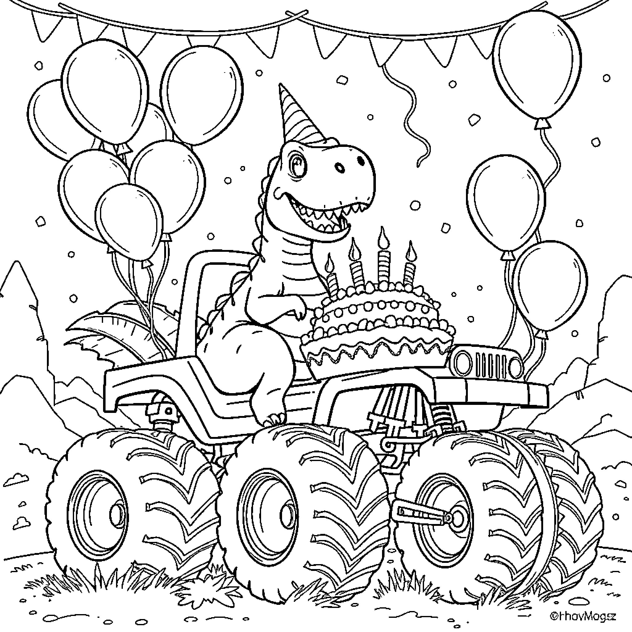 Dino celebrating birthday on a monster truck Coloring Page (free black-and-white line drawing printable PDF for all, from beginners to advanced learners, including children, teens, adults, and seniors)