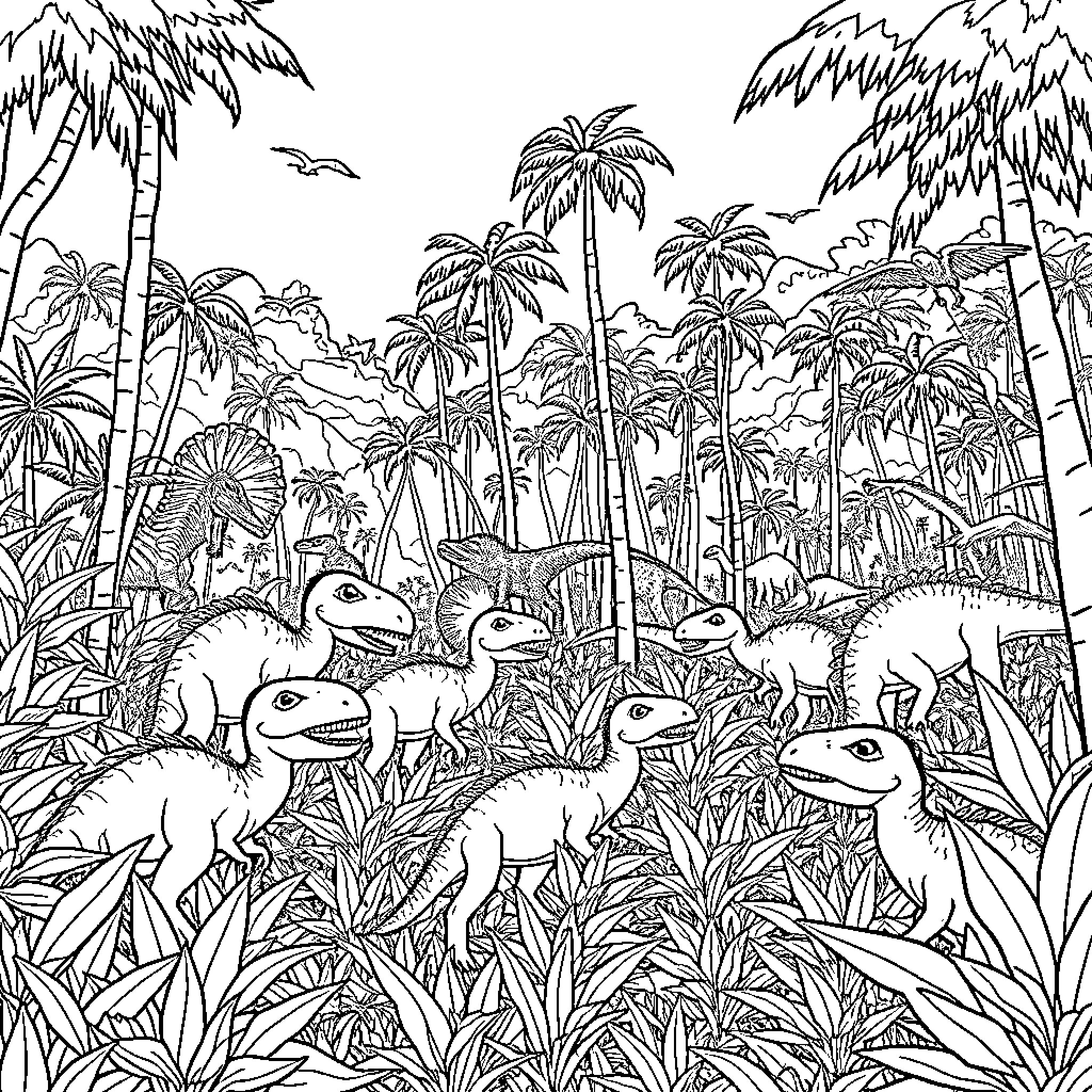 Dinosaur family in prehistoric forest Coloring Page (free black-and-white line drawing printable PDF for all, from beginners to advanced learners, including children, teens, adults, and seniors)