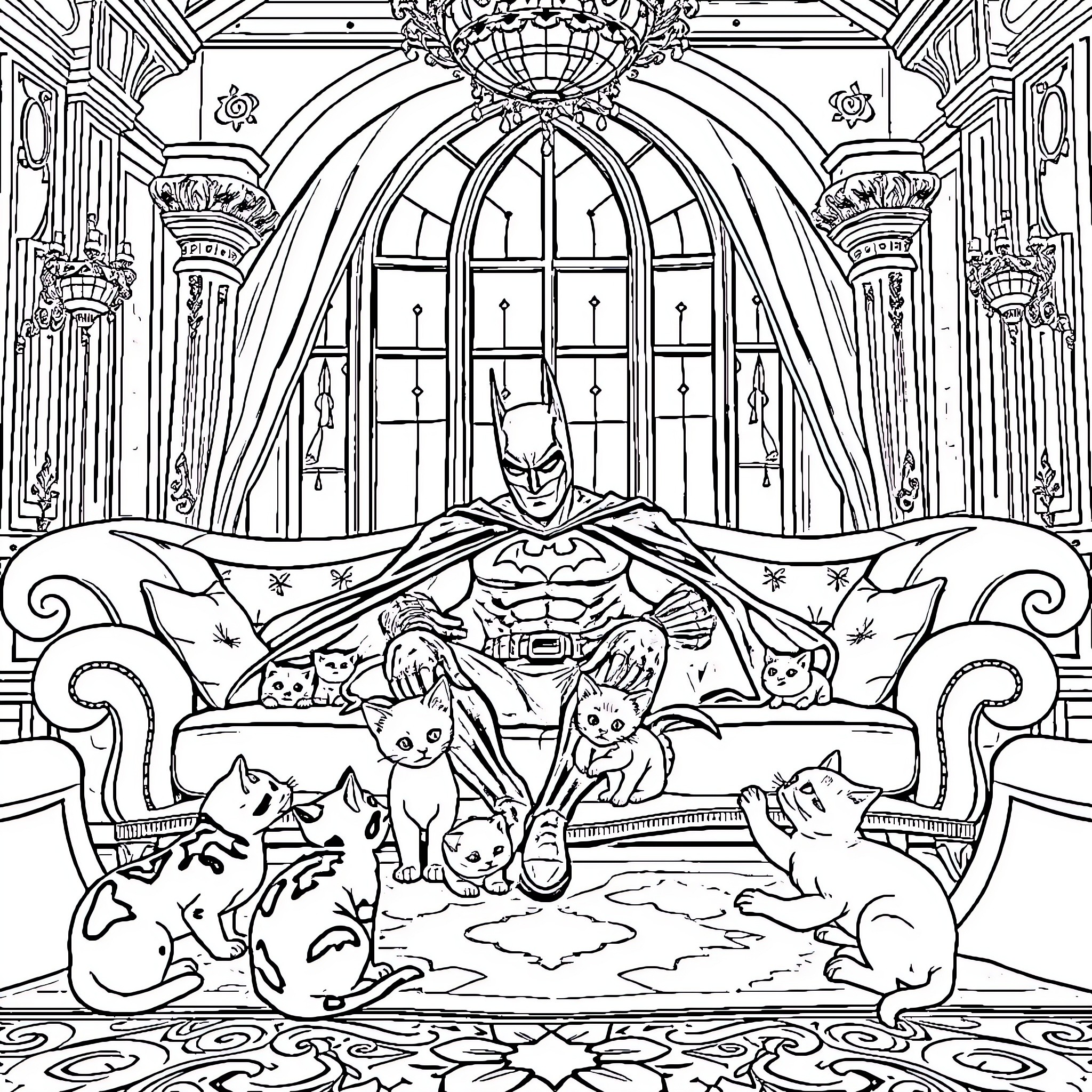 Batman resting with his cat companions in a grand palace Coloring Page (free black-and-white line drawing printable PDF for all, from beginners to advanced learners, including children, teens, adults, and seniors)