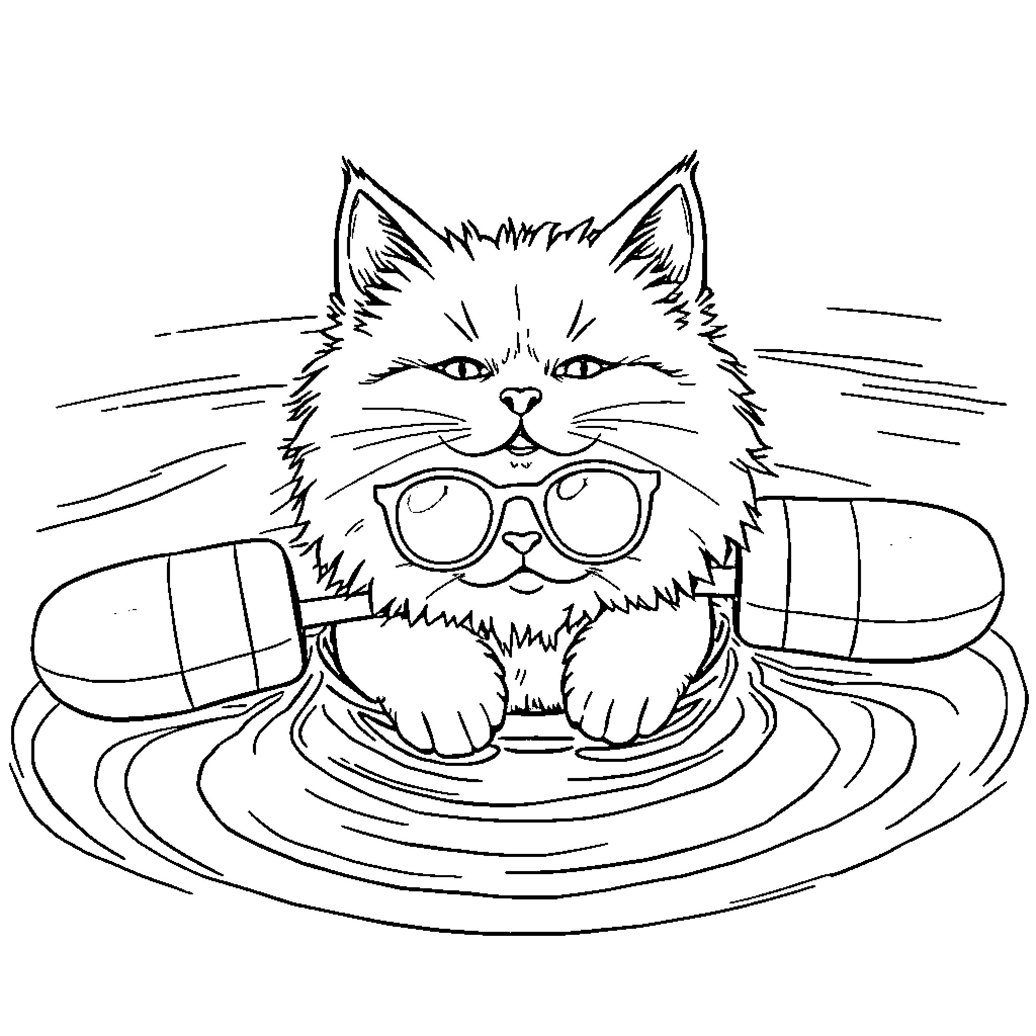 Cat cooling off in a kiddie pool Coloring Page (free black-and-white line drawing printable PDF for all, from beginners to advanced learners, including children, teens, adults, and seniors)