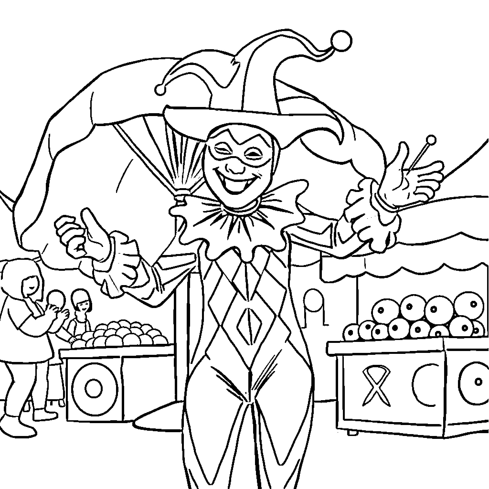 Arlequin's Playful Performance at the Carnival Coloring Page (free black-and-white line drawing printable PDF for all, from beginners to advanced learners, including children, teens, adults, and seniors)