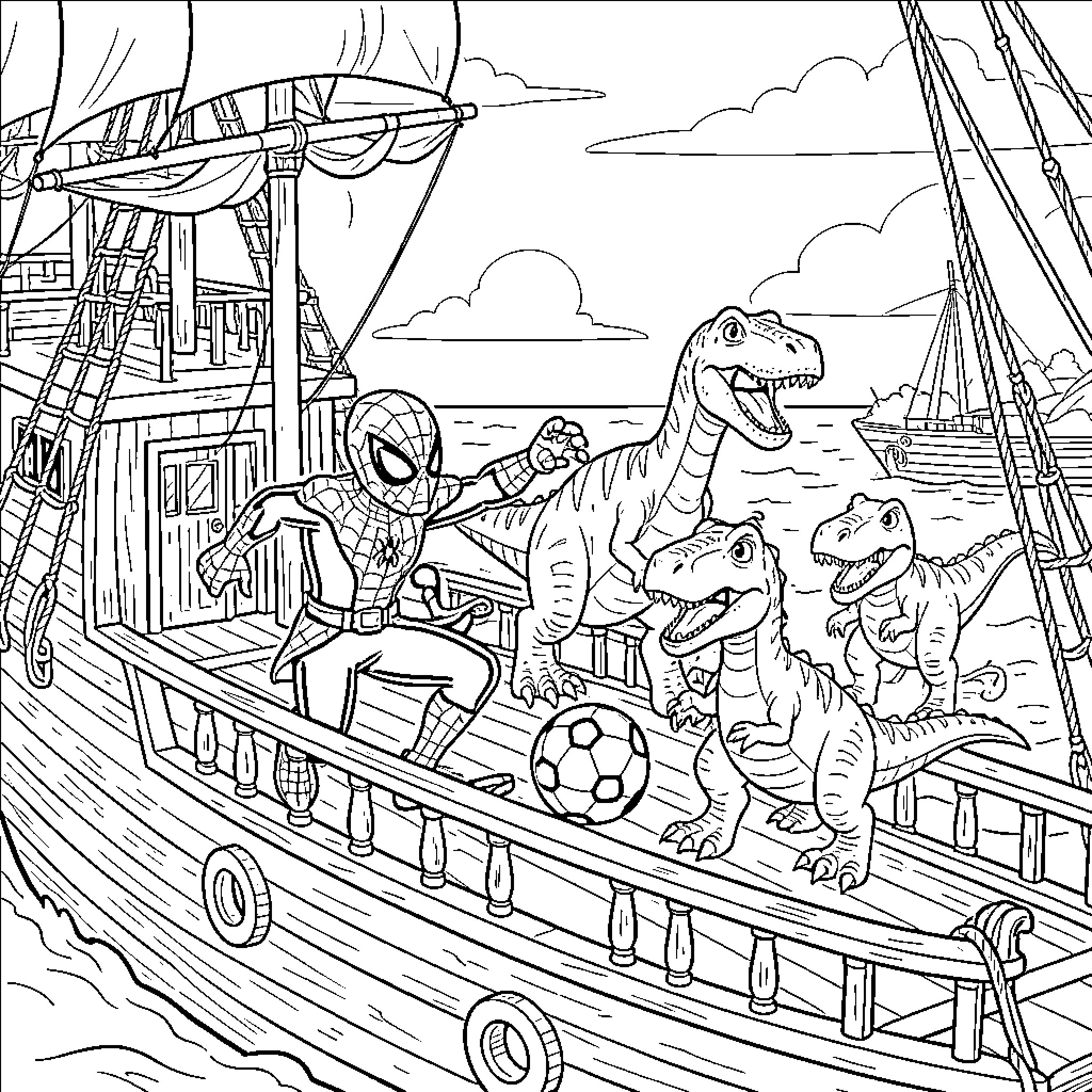 Spidey posing heroically with dinosaurs on a ship Coloring Page (free black-and-white line drawing printable PDF for all, from beginners to advanced learners, including children, teens, adults, and seniors)