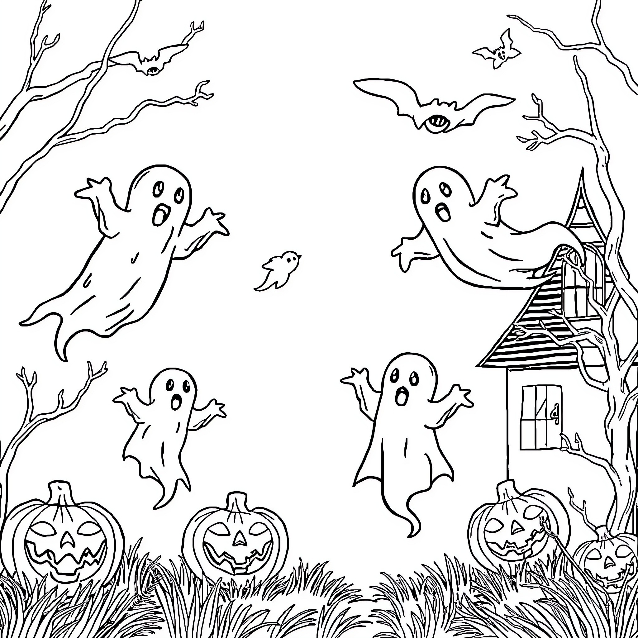 Ghost Spirits Playfully Haunting the Spooky Halloween Scene Coloring Page (free black-and-white line drawing printable PDF for all, from beginners to advanced learners, including children, teens, adults, and seniors)