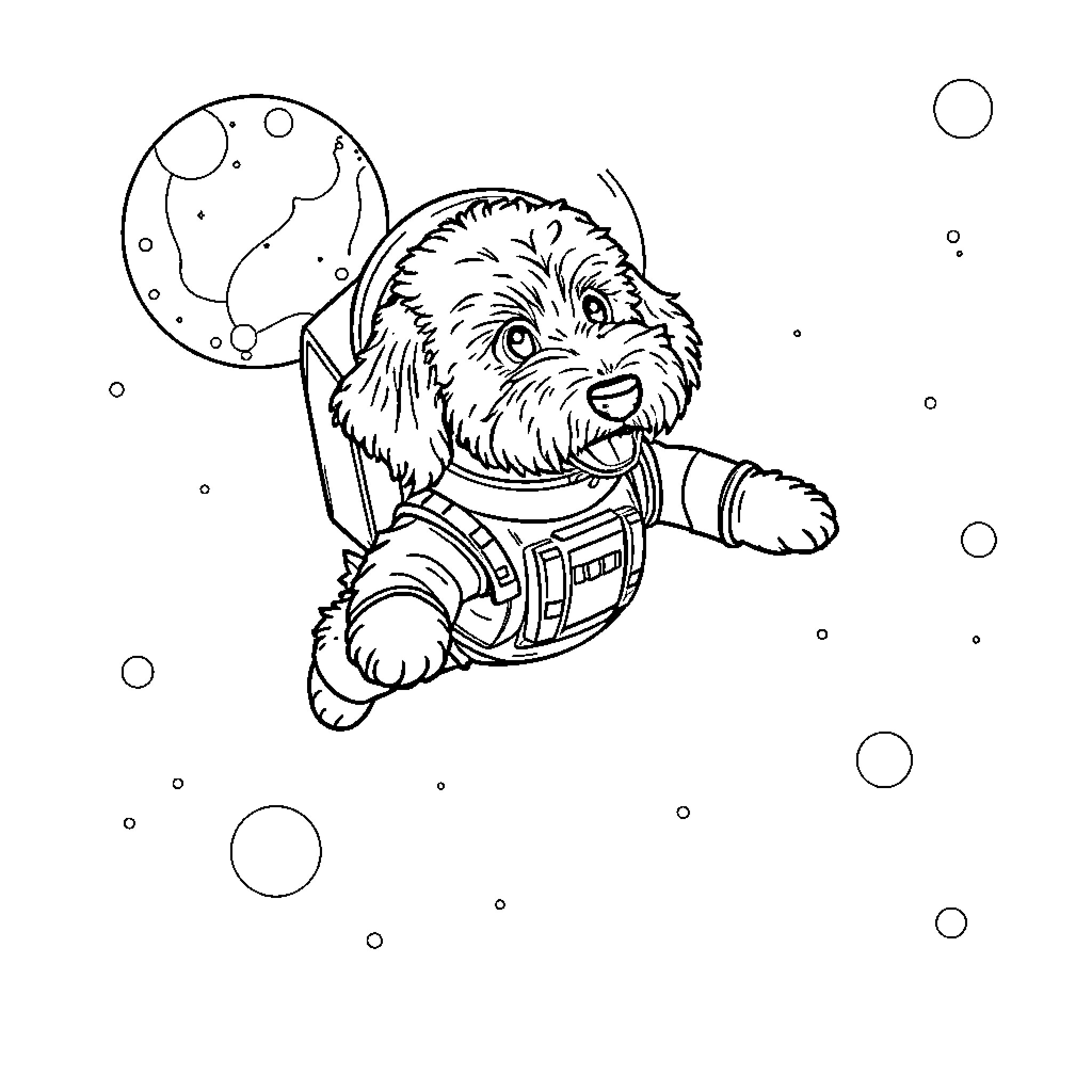 Labradoodle astronaut exploring the cosmos Coloring Page (free black-and-white line drawing printable PDF for all, from beginners to advanced learners, including children, teens, adults, and seniors)