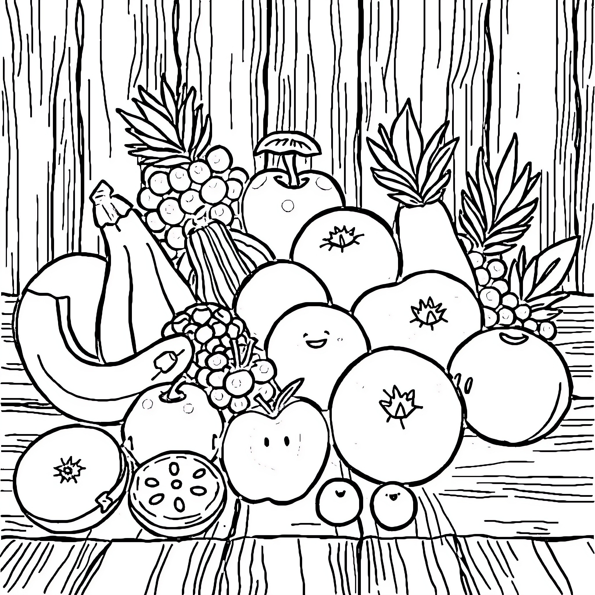 Fruit Basket with Assorted Produce Coloring Page (free black-and-white line drawing printable PDF for all, from beginners to advanced learners, including children, teens, adults, and seniors)
