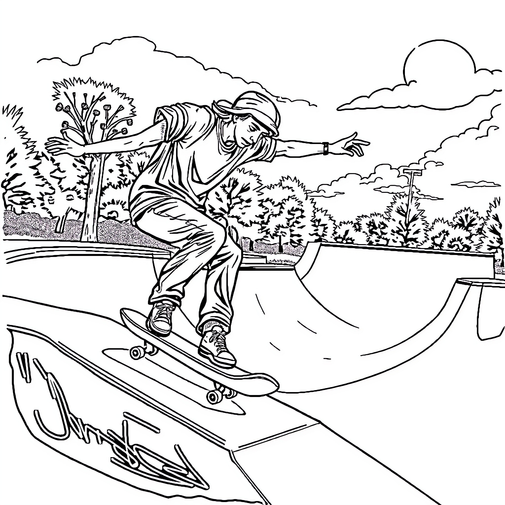 Skateboarder performing tricks in an outdoor park Coloring Page (free black-and-white line drawing printable PDF for all, from beginners to advanced learners, including children, teens, adults, and seniors)