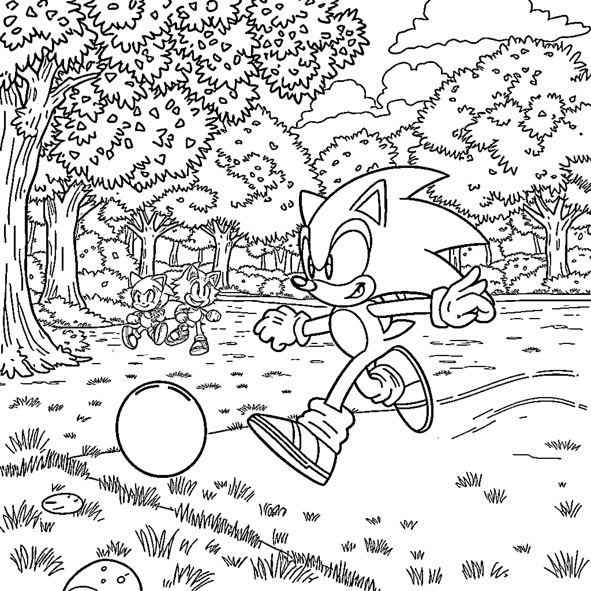 Sonic's Peaceful Stroll Through the Enchanted Forest Coloring Page (free black-and-white line drawing printable PDF for all, from beginners to advanced learners, including children, teens, adults, and seniors)
