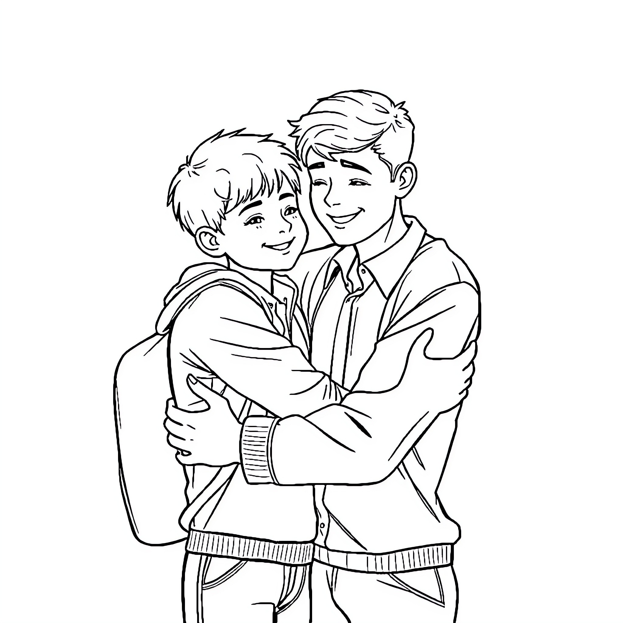 Teacher Embracing Student in Warm Gesture Coloring Page (free black-and-white line drawing printable PDF for all, from beginners to advanced learners, including children, teens, adults, and seniors)
