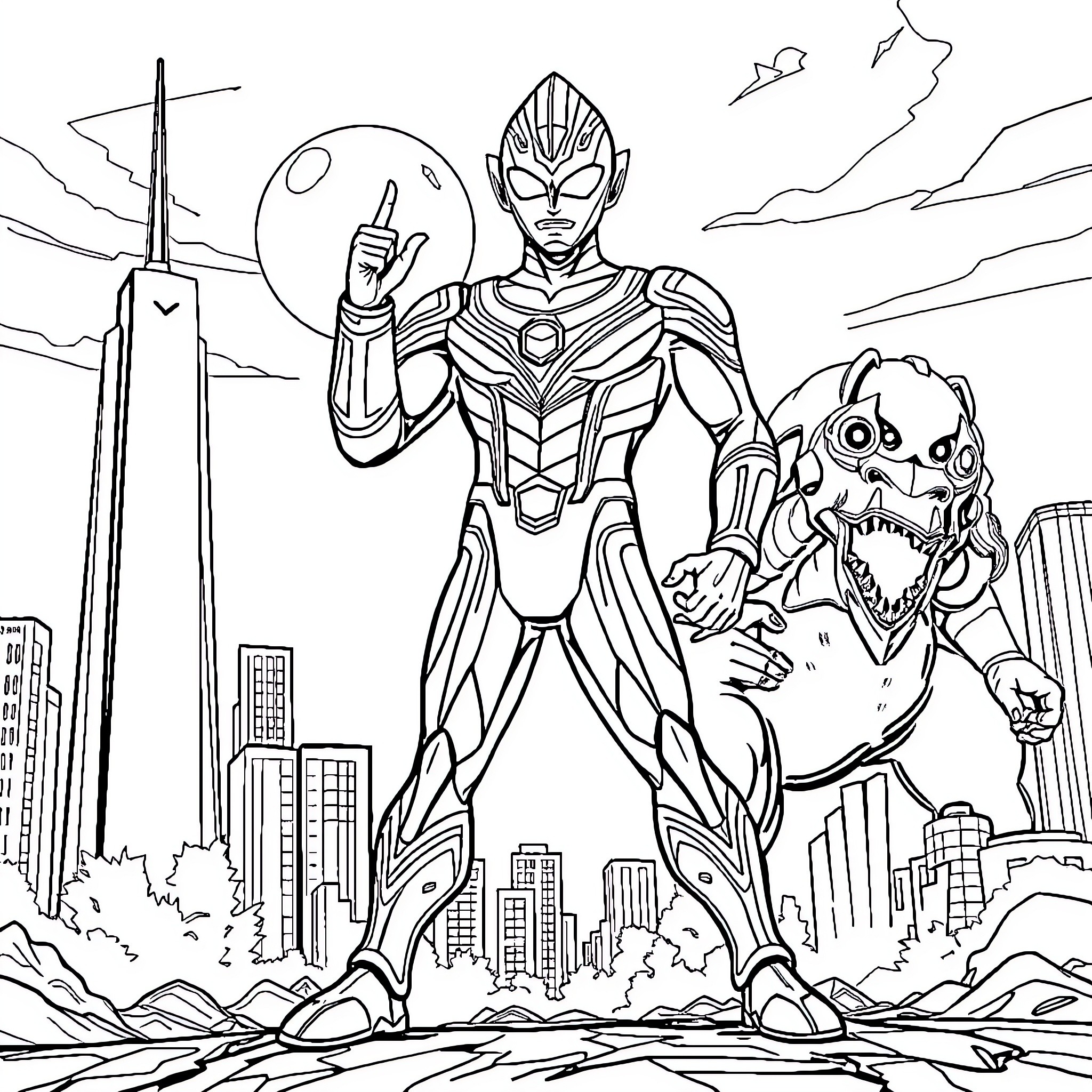 Ultraman battles a monstrous creature in the city Coloring Page (free black-and-white line drawing printable PDF for all, from beginners to advanced learners, including children, teens, adults, and seniors)