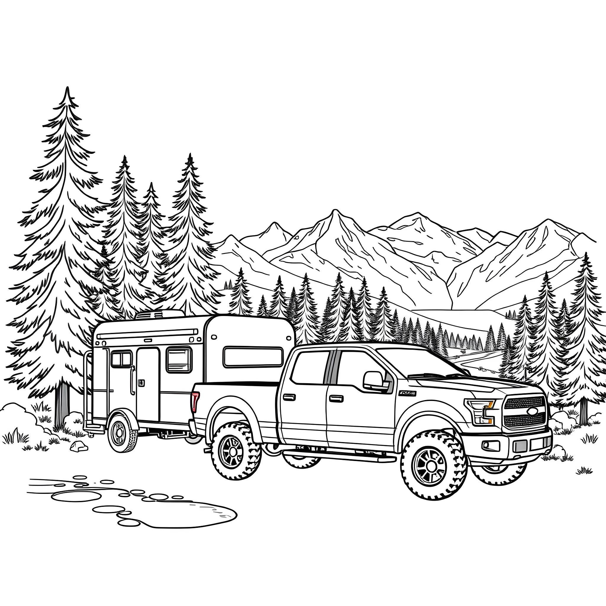 Pickup truck and camper in the wilderness Coloring Page (free black-and-white line drawing printable PDF for all, from beginners to advanced learners, including children, teens, adults, and seniors)