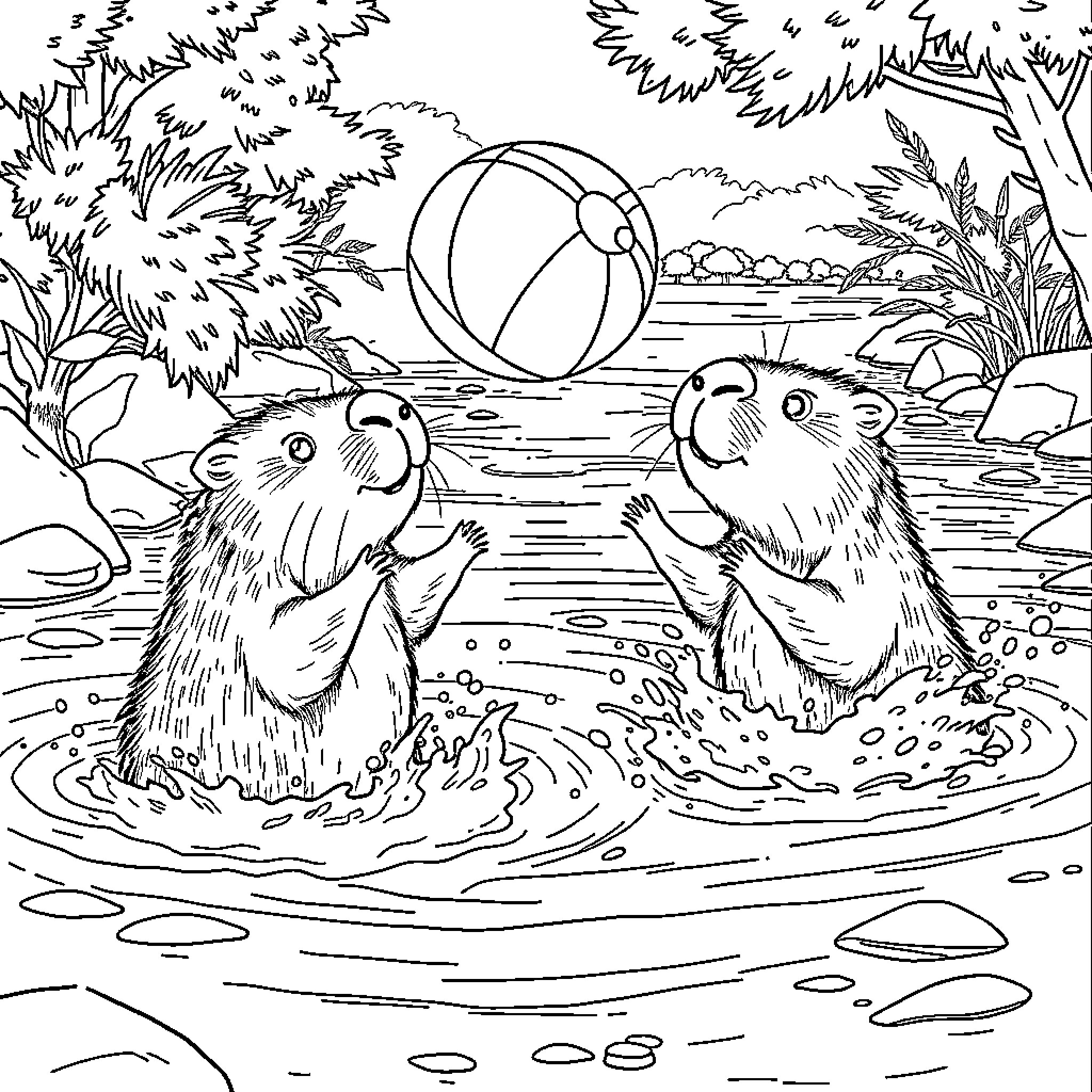 Capybara enjoying a day in the pond Coloring Page (free black-and-white line drawing printable PDF for all, from beginners to advanced learners, including children, teens, adults, and seniors)