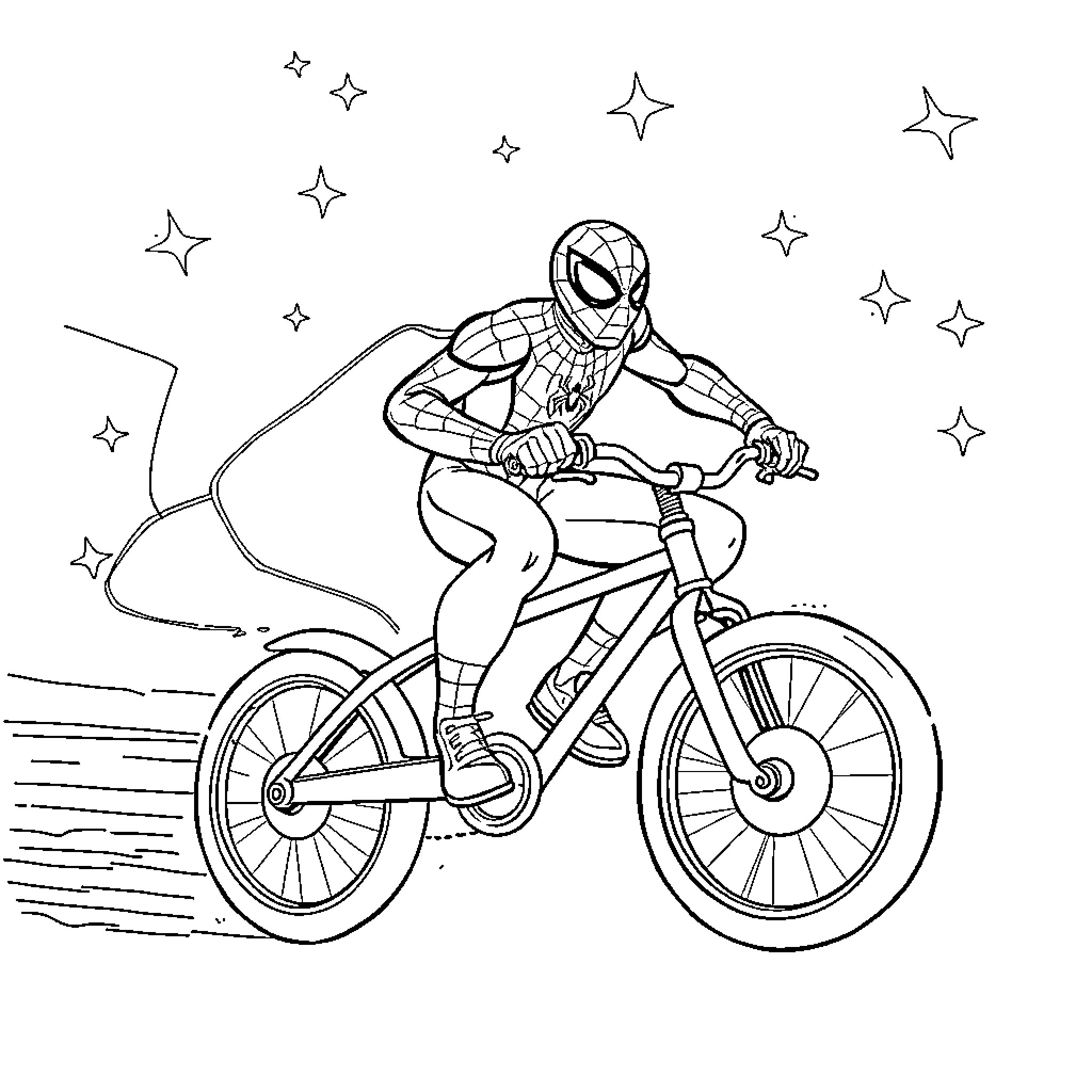 Spiderman cycling through the night sky Coloring Page (free black-and-white line drawing printable PDF for all, from beginners to advanced learners, including children, teens, adults, and seniors)