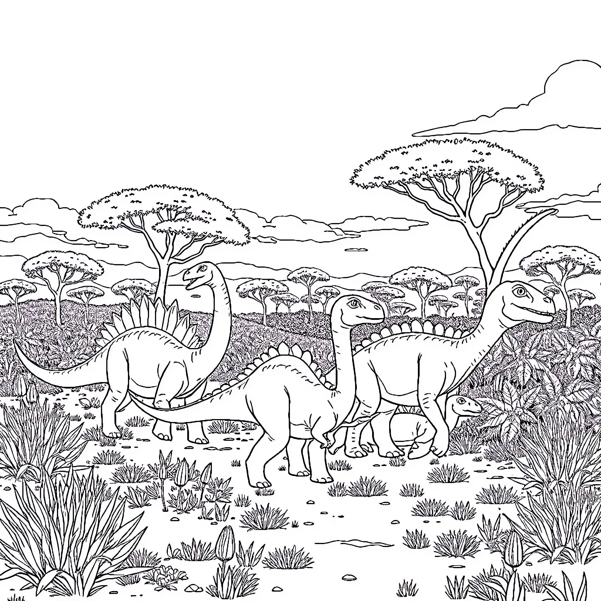Dinosaurs roaming in lush prehistoric landscape Coloring Page (free black-and-white line drawing printable PDF for all, from beginners to advanced learners, including children, teens, adults, and seniors)