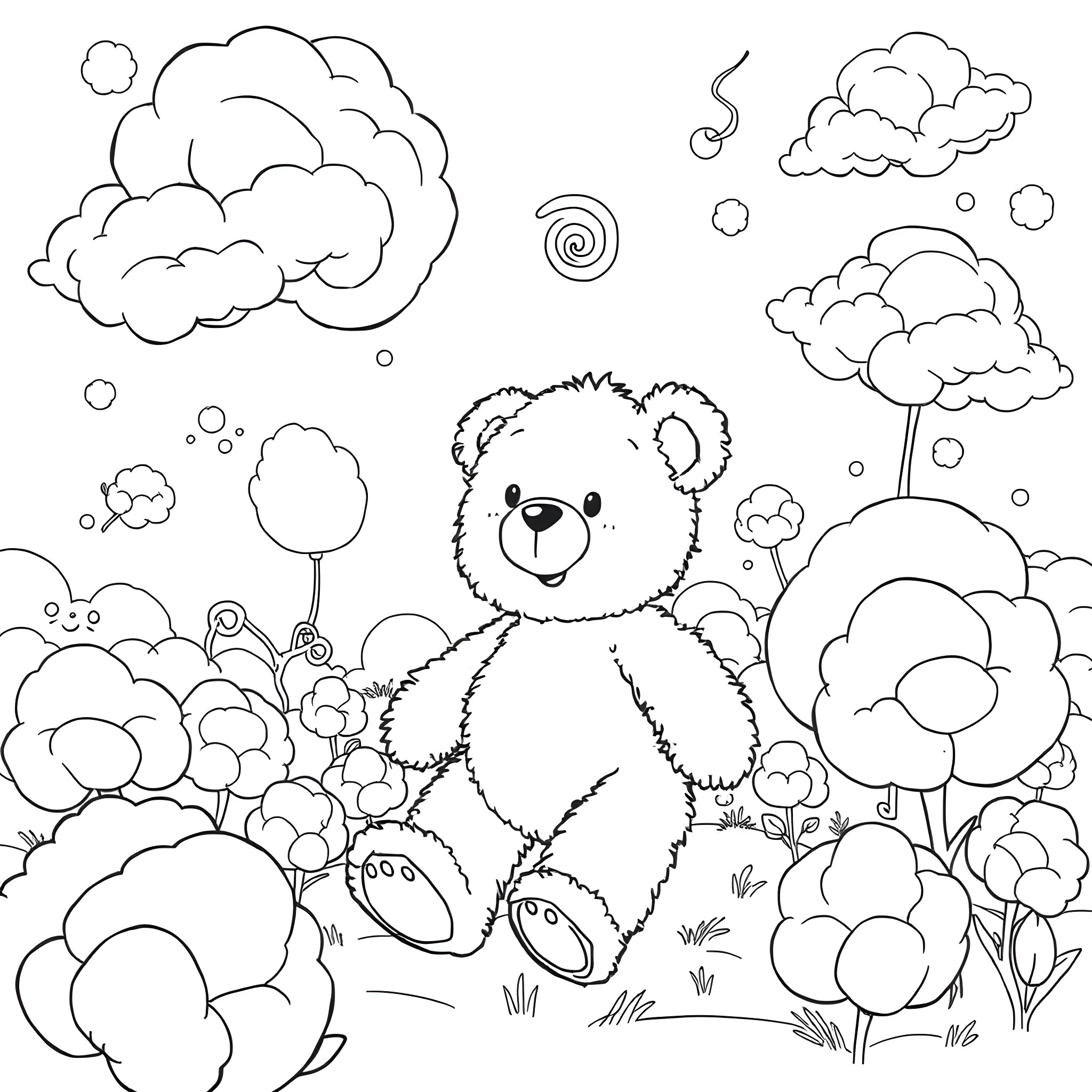 Teddy Bear playing in a whimsical cloud-filled landscape Coloring Page (free black-and-white line drawing printable PDF for all, from beginners to advanced learners, including children, teens, adults, and seniors)