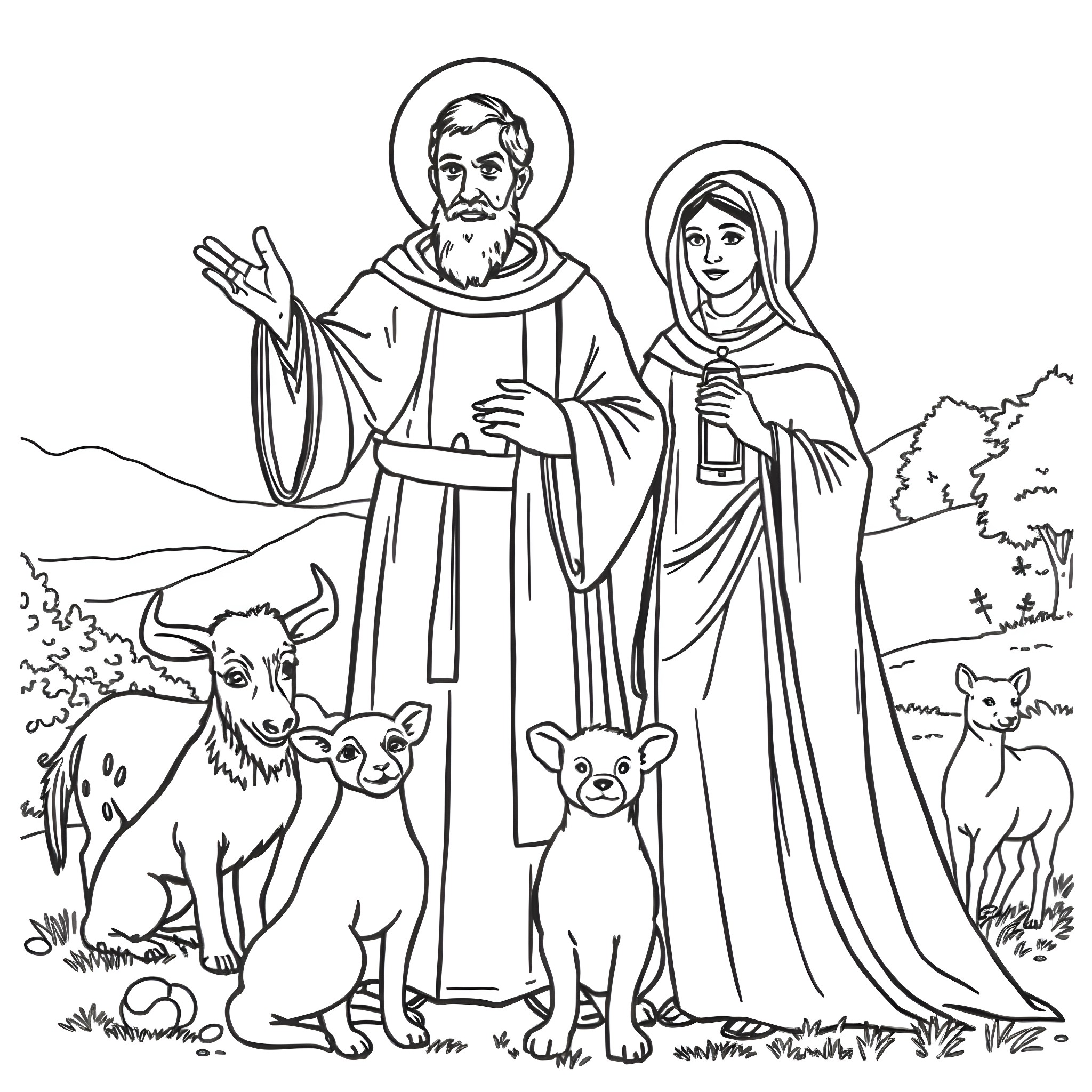 St. Francis preaching to the animals in the countryside Coloring Page (free black-and-white line drawing printable PDF for all, from beginners to advanced learners, including children, teens, adults, and seniors)