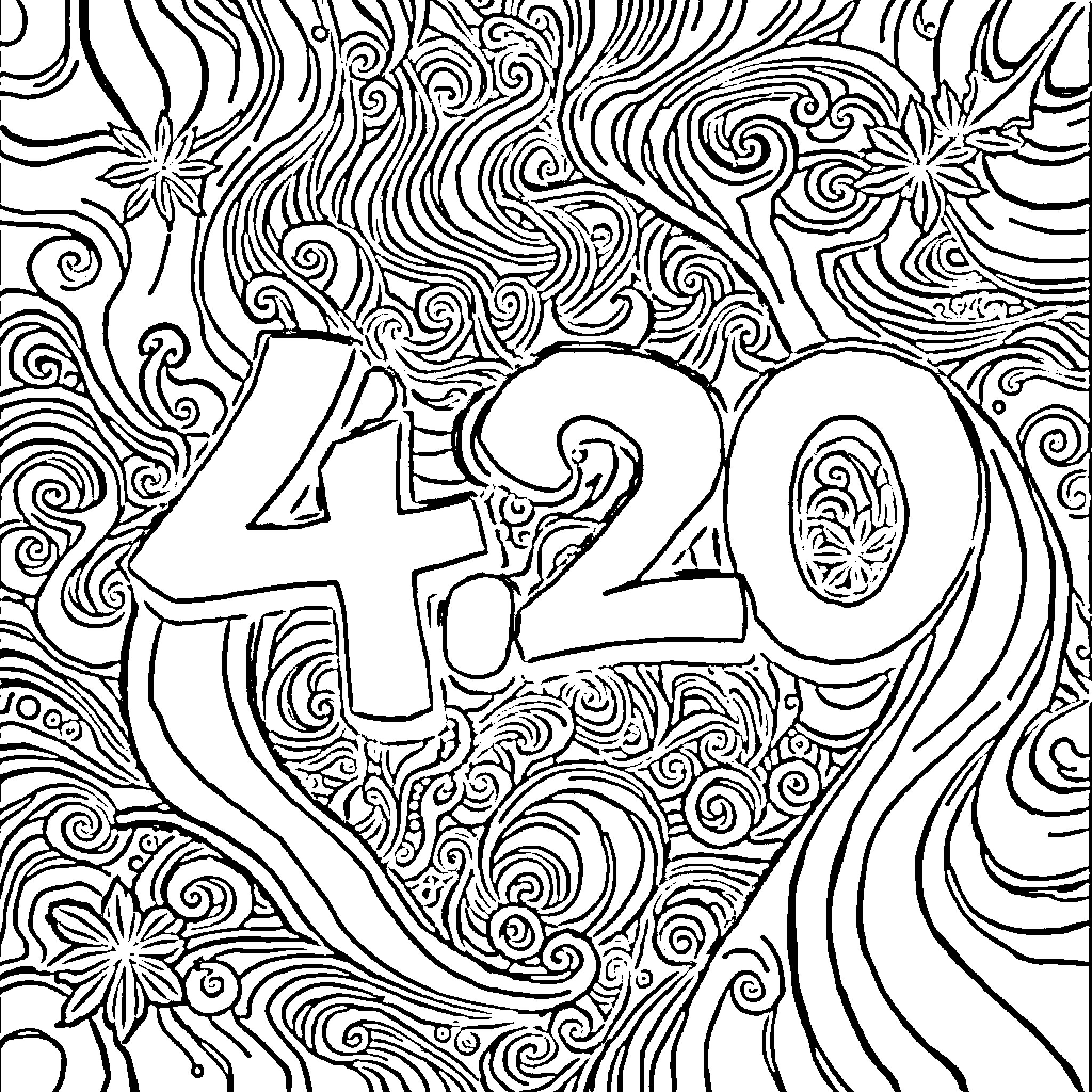 Trippy abstract shapes and number 420 Coloring Page (free black-and-white line drawing printable PDF for all, from beginners to advanced learners, including children, teens, adults, and seniors)