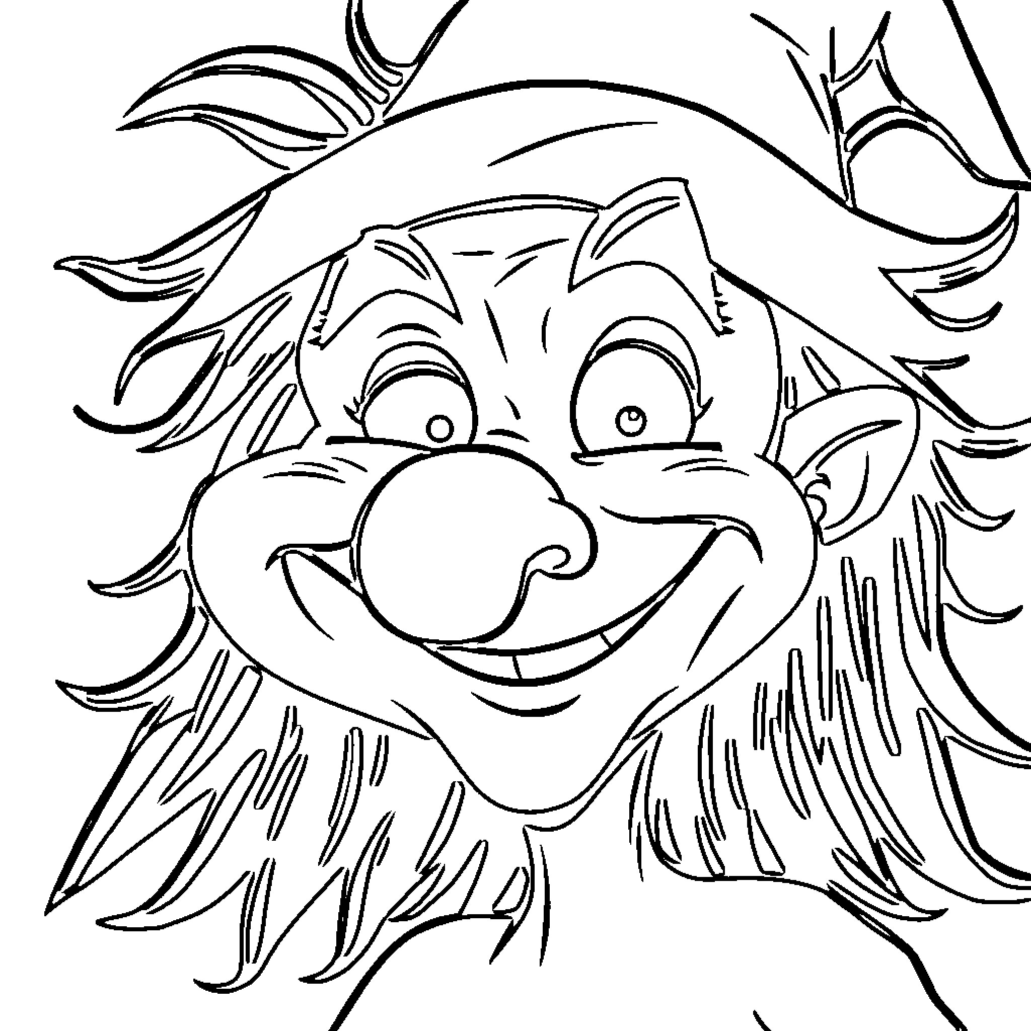 Witch's Mischievous Grin Coloring Page (free black-and-white line drawing printable PDF for all, from beginners to advanced learners, including children, teens, adults, and seniors)