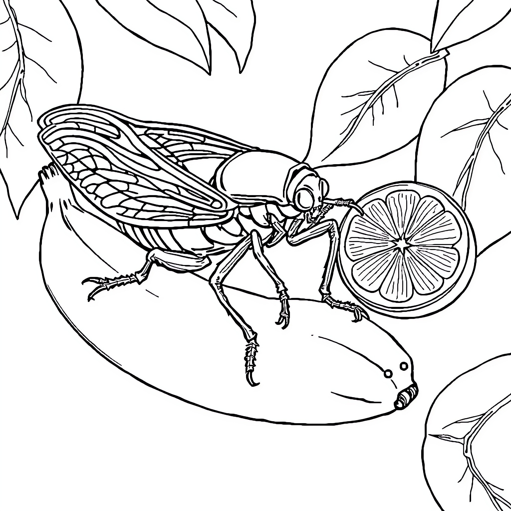 Cicada exploring a lemon slice in nature Coloring Page (free black-and-white line drawing printable PDF for all, from beginners to advanced learners, including children, teens, adults, and seniors)