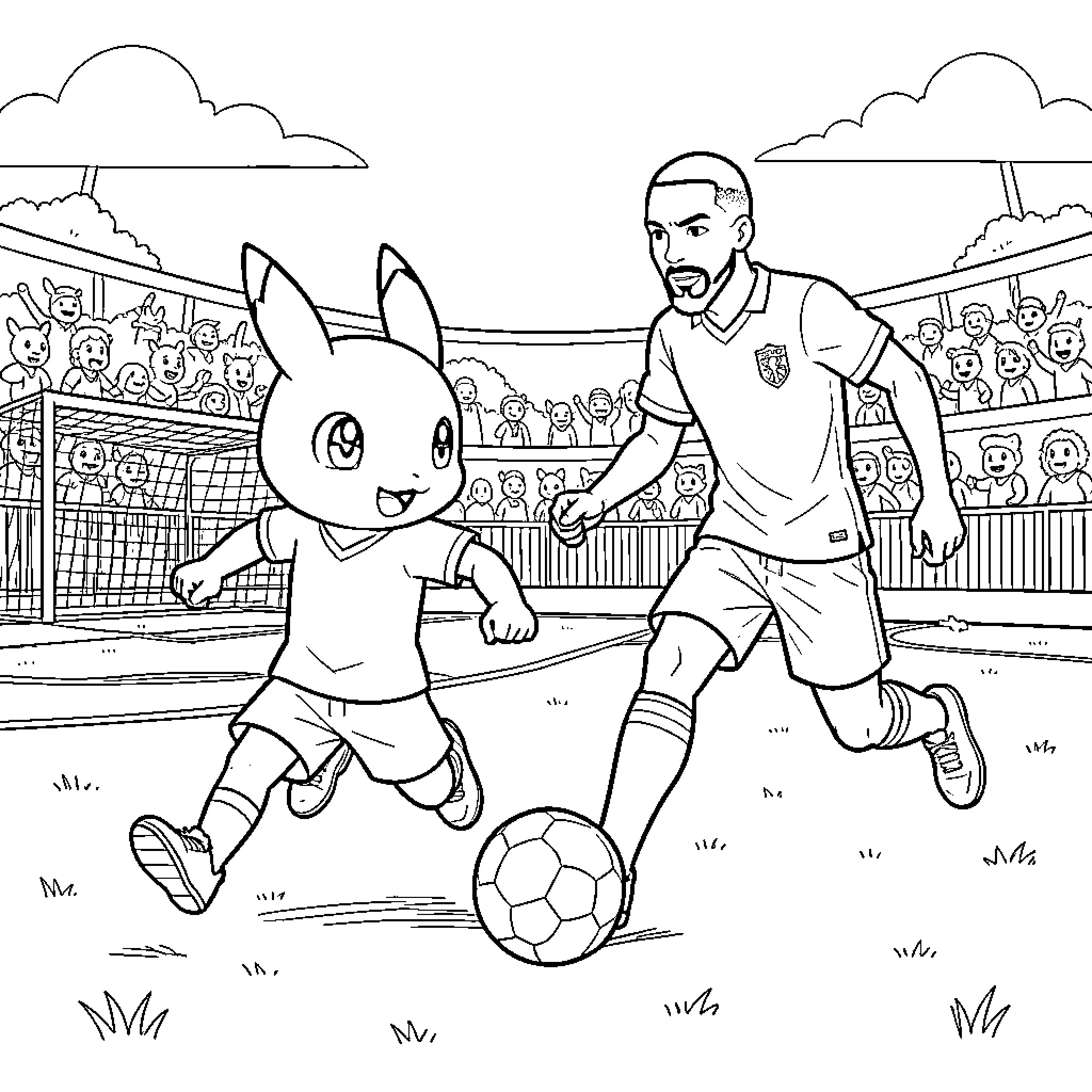 Pokémon playing soccer with a man in a stadium Coloring Page (free black-and-white line drawing printable PDF for all, from beginners to advanced learners, including children, teens, adults, and seniors)