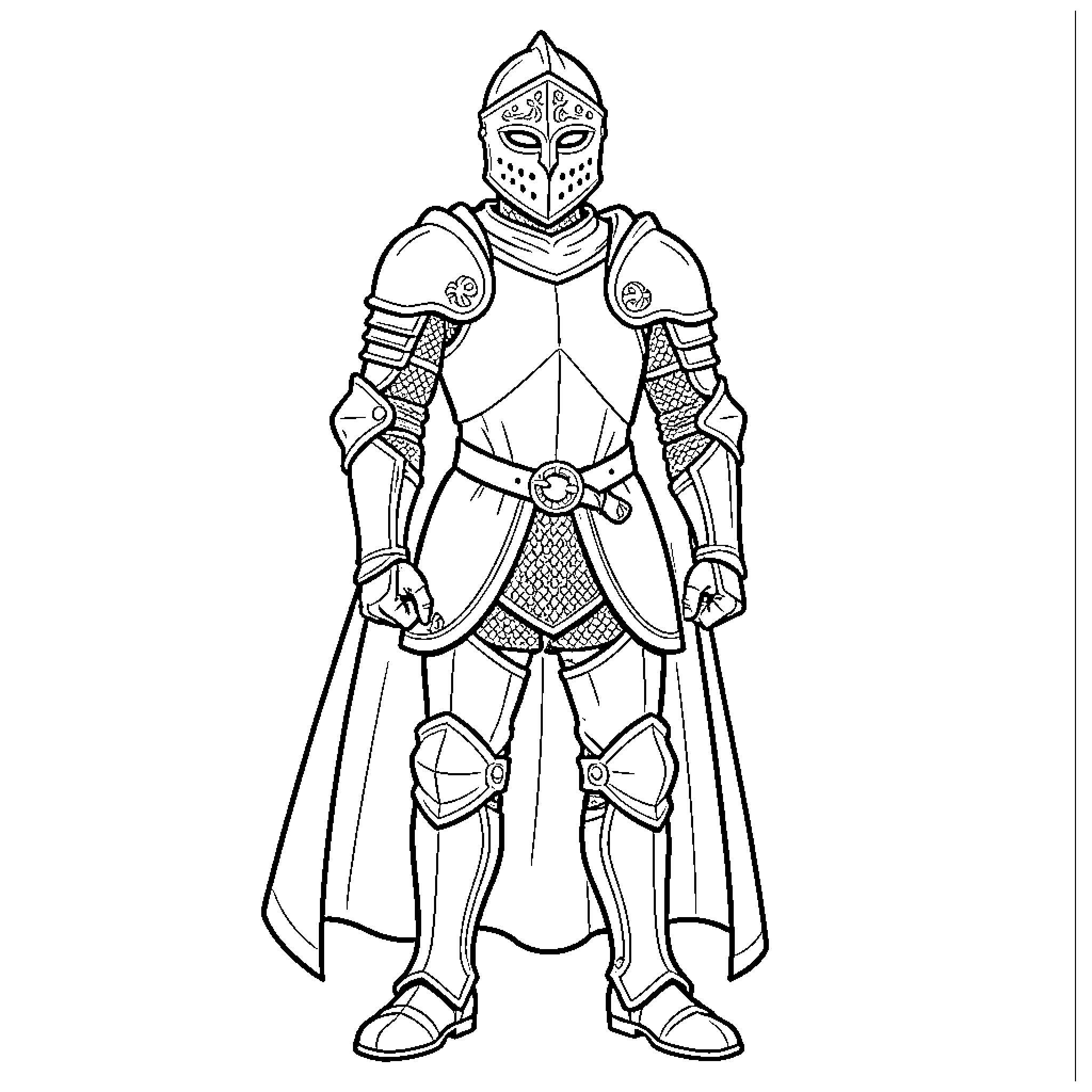 Chevalier standing tall in full plate armor Coloring Page (free black-and-white line drawing printable PDF for all, from beginners to advanced learners, including children, teens, adults, and seniors)