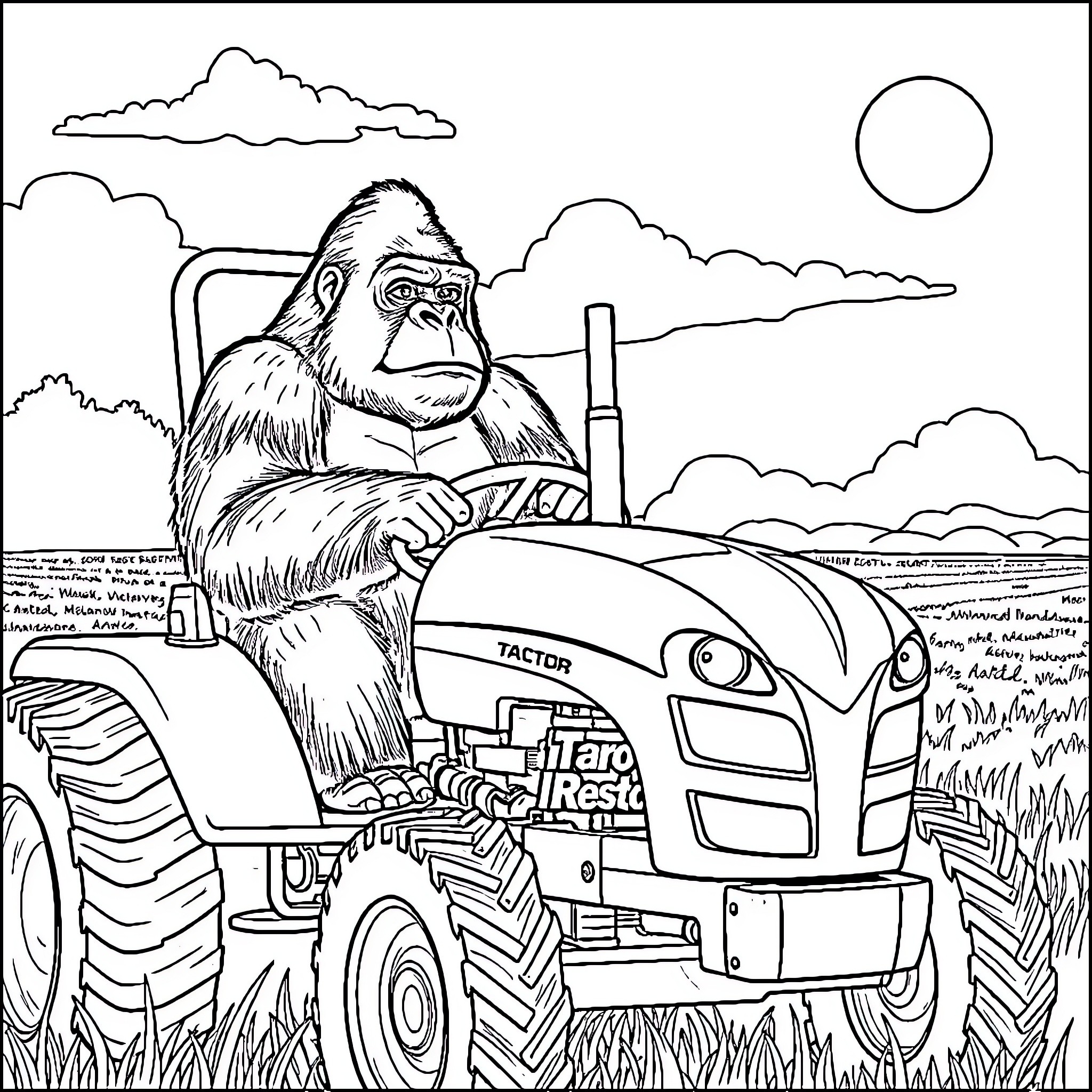 Gorilla Driving Tractor on Rural Landscape Coloring Page (free black-and-white line drawing printable PDF for all, from beginners to advanced learners, including children, teens, adults, and seniors)