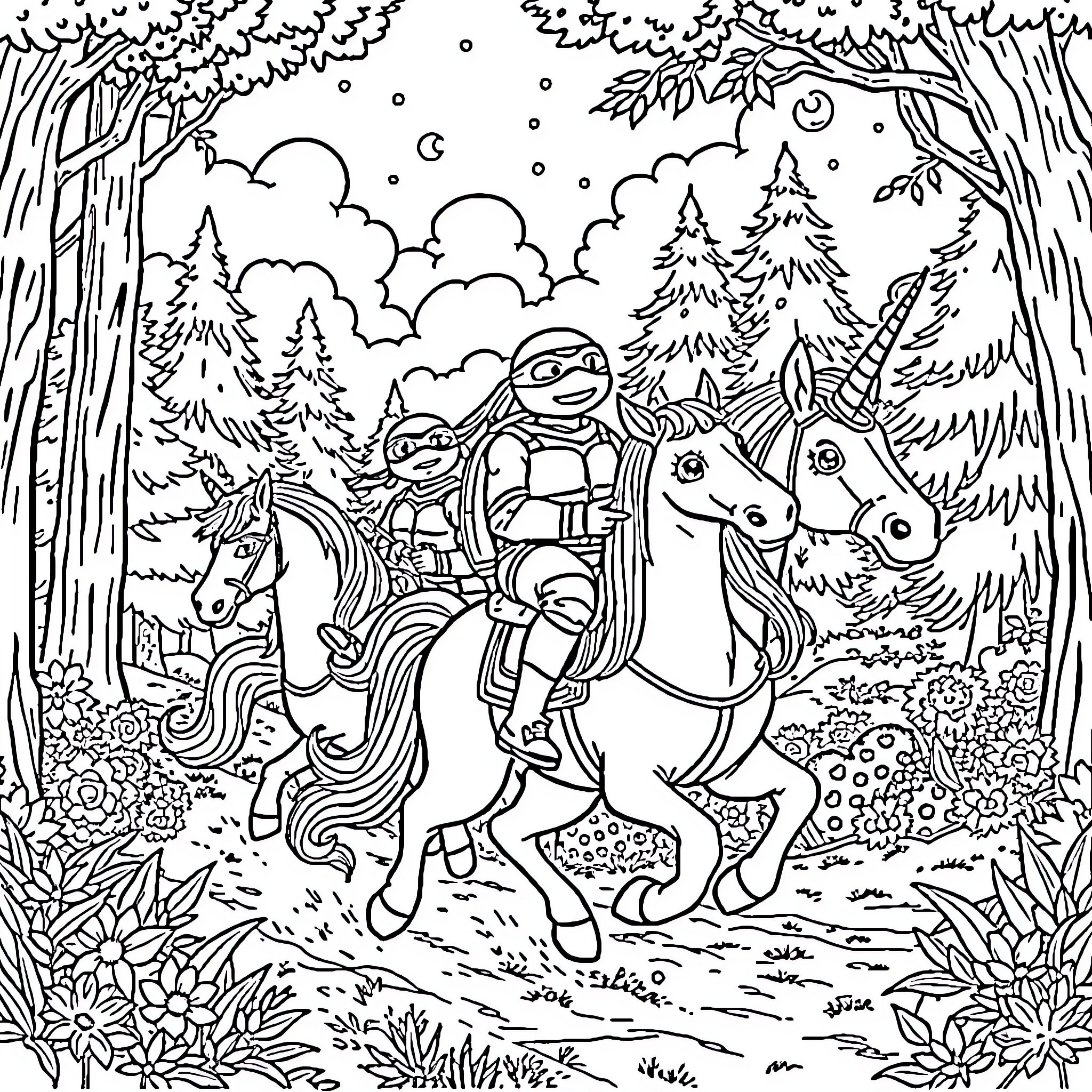 Teenage Mutant Ninja Turtle riding through the enchanted forest Coloring Page (free black-and-white line drawing printable PDF for all, from beginners to advanced learners, including children, teens, adults, and seniors)