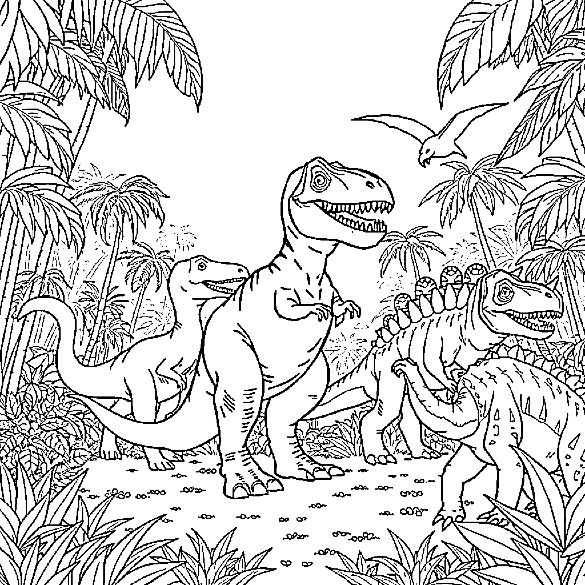 Dinosaurs roaming in the prehistoric jungle Coloring Page (free black-and-white line drawing printable PDF for all, from beginners to advanced learners, including children, teens, adults, and seniors)