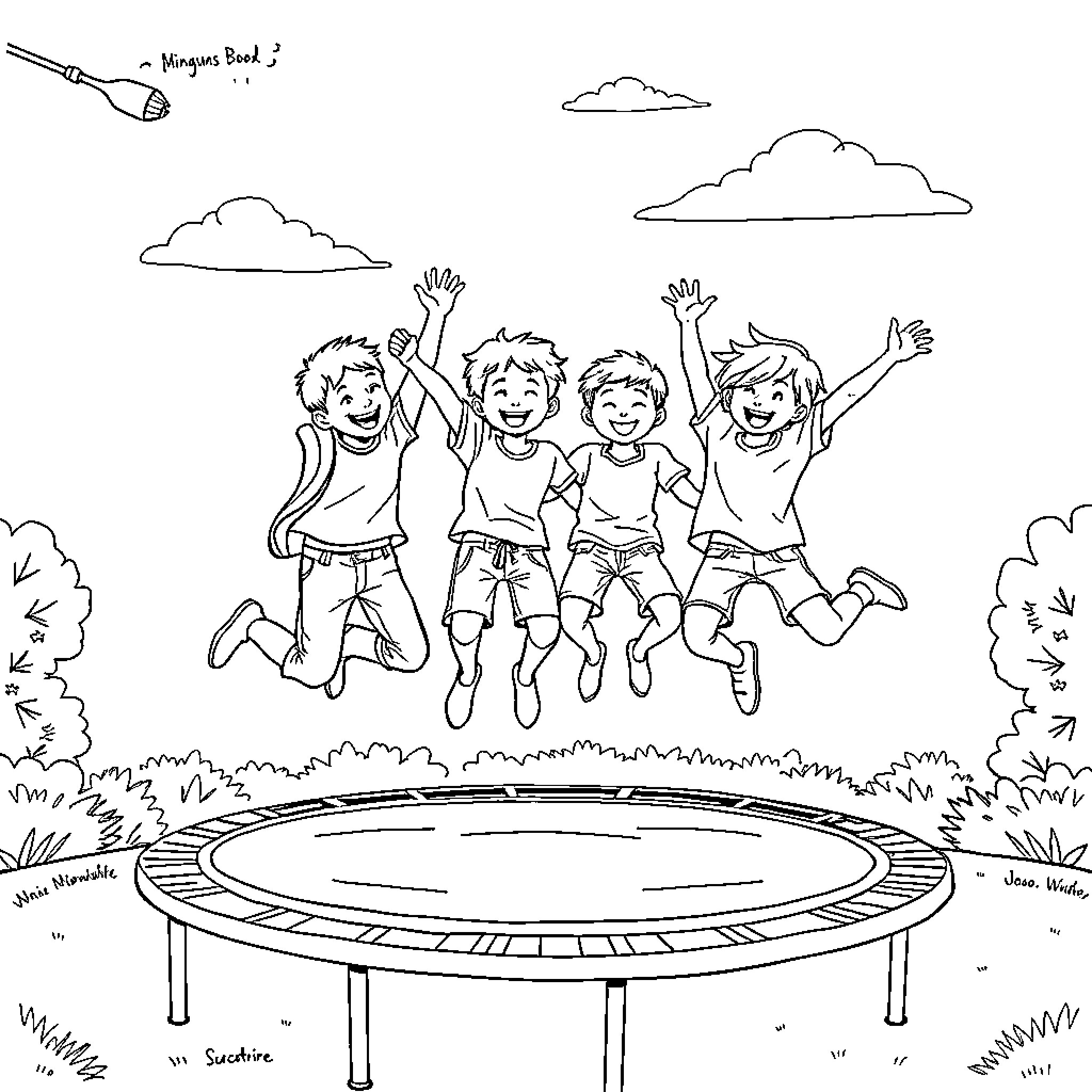 Frère's Joyous Trampoline Antics Coloring Page (free black-and-white line drawing printable PDF for all, from beginners to advanced learners, including children, teens, adults, and seniors)