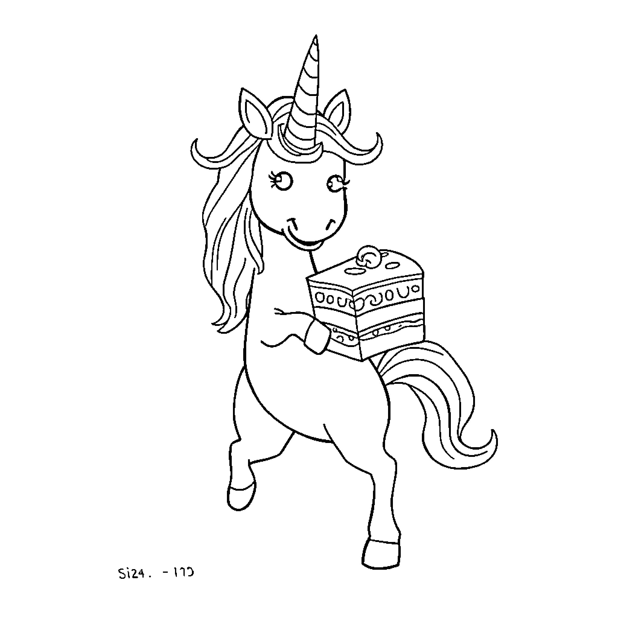 Unicorn Holding a Decorated Cake Coloring Page (free black-and-white line drawing printable PDF for all, from beginners to advanced learners, including children, teens, adults, and seniors)