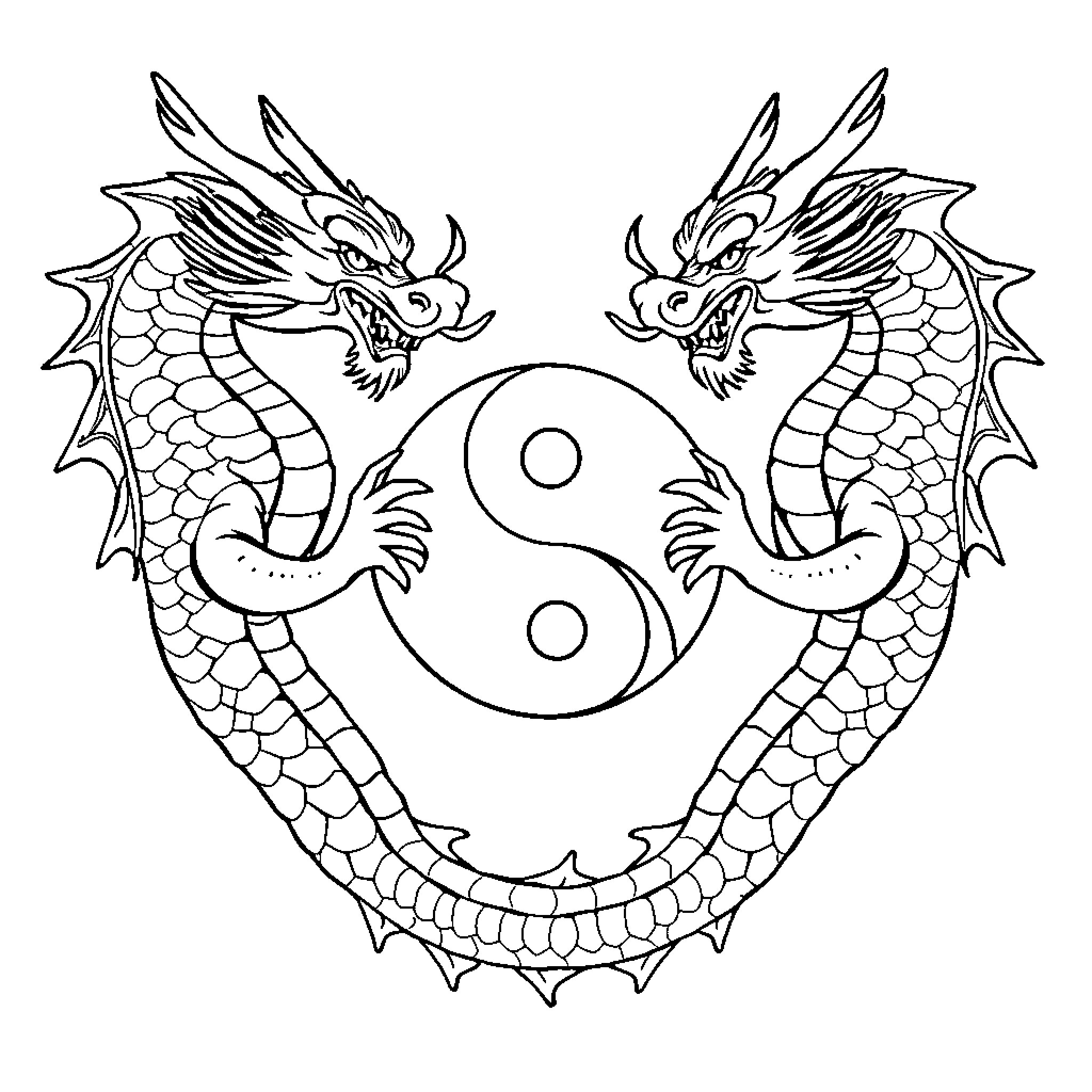 Dragon yin yang symbol with intertwined dragons Coloring Page (free black-and-white line drawing printable PDF for all, from beginners to advanced learners, including children, teens, adults, and seniors)
