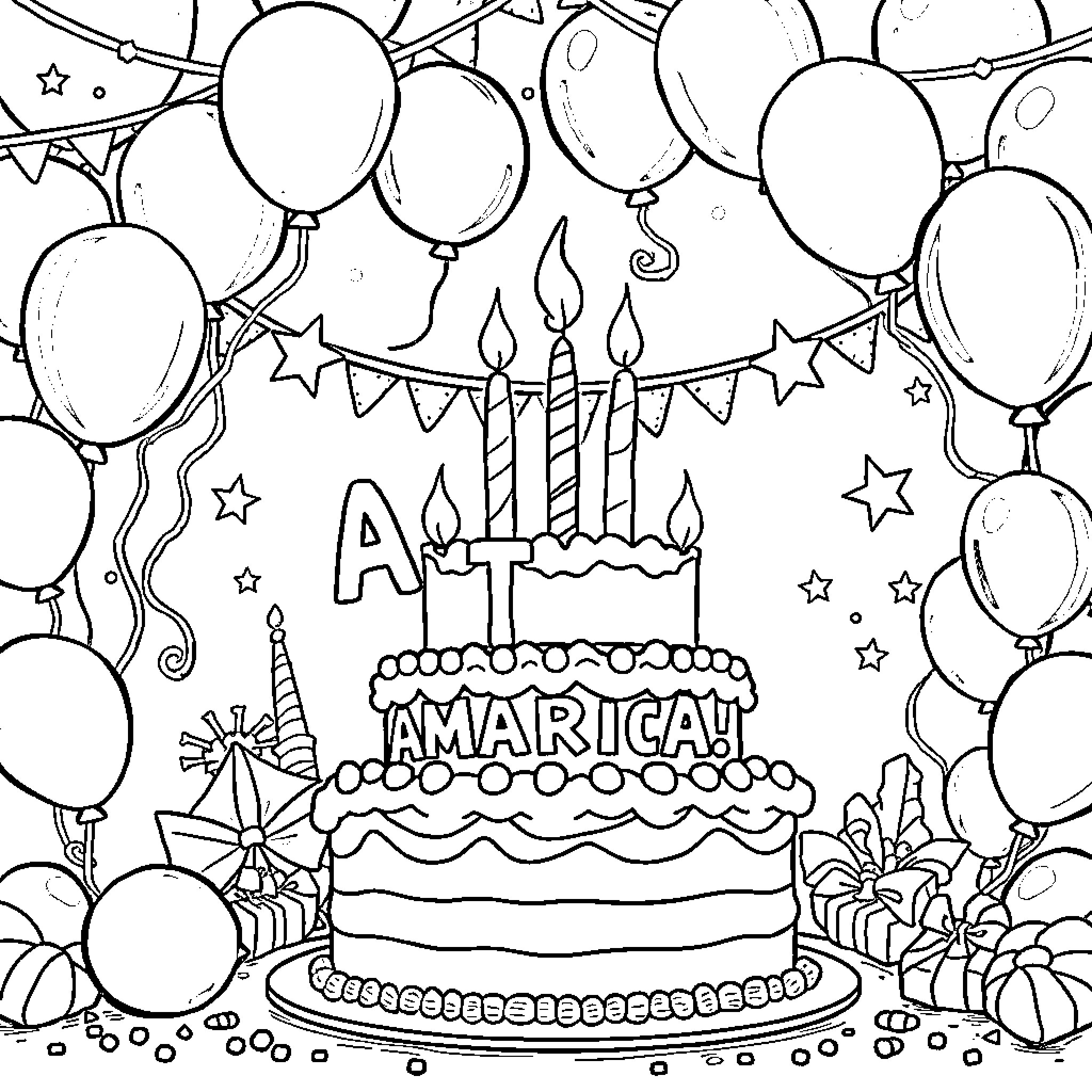 Birthday Party Celebration with Cake and Balloons Coloring Page (free black-and-white line drawing printable PDF for all, from beginners to advanced learners, including children, teens, adults, and seniors)