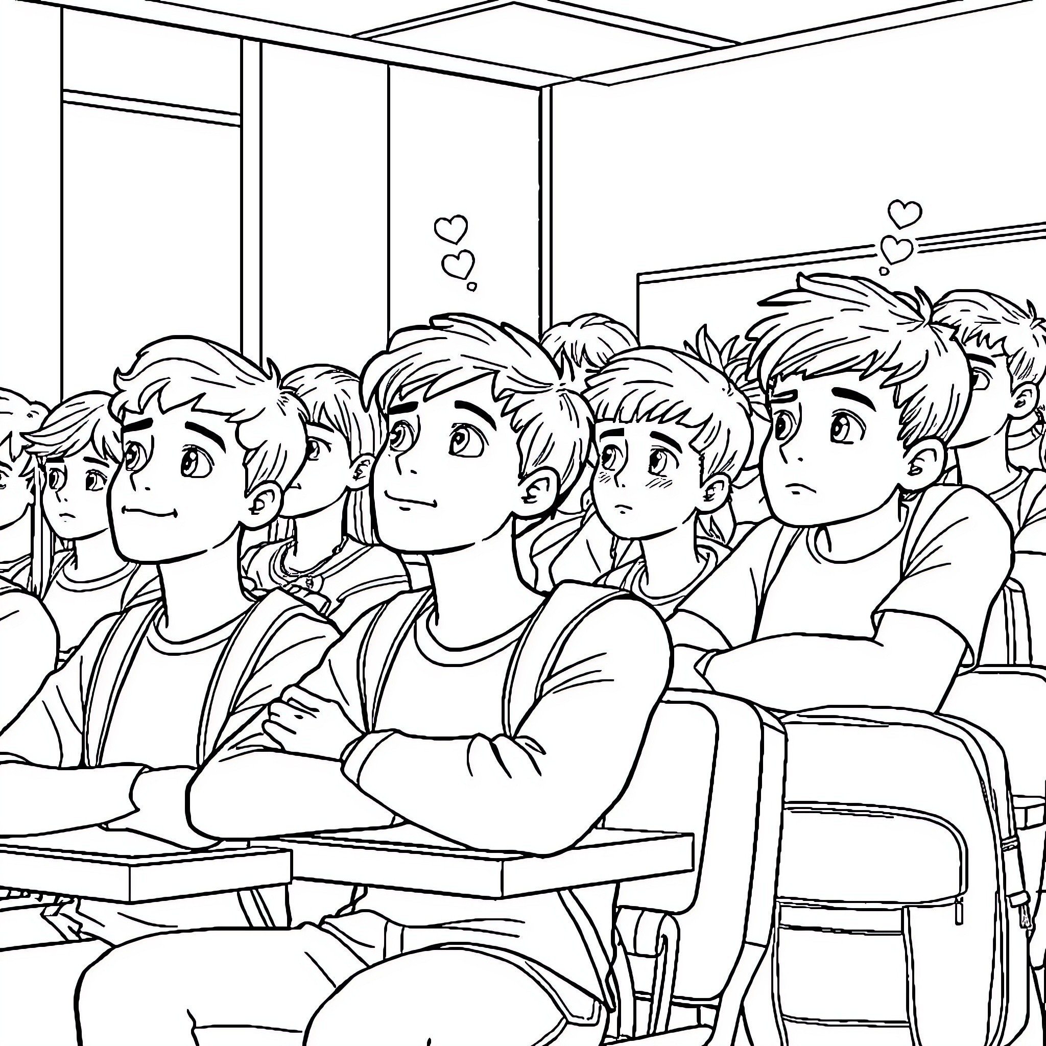 Students attentively listening in classroom Coloring Page (free black-and-white line drawing printable PDF for all, from beginners to advanced learners, including children, teens, adults, and seniors)