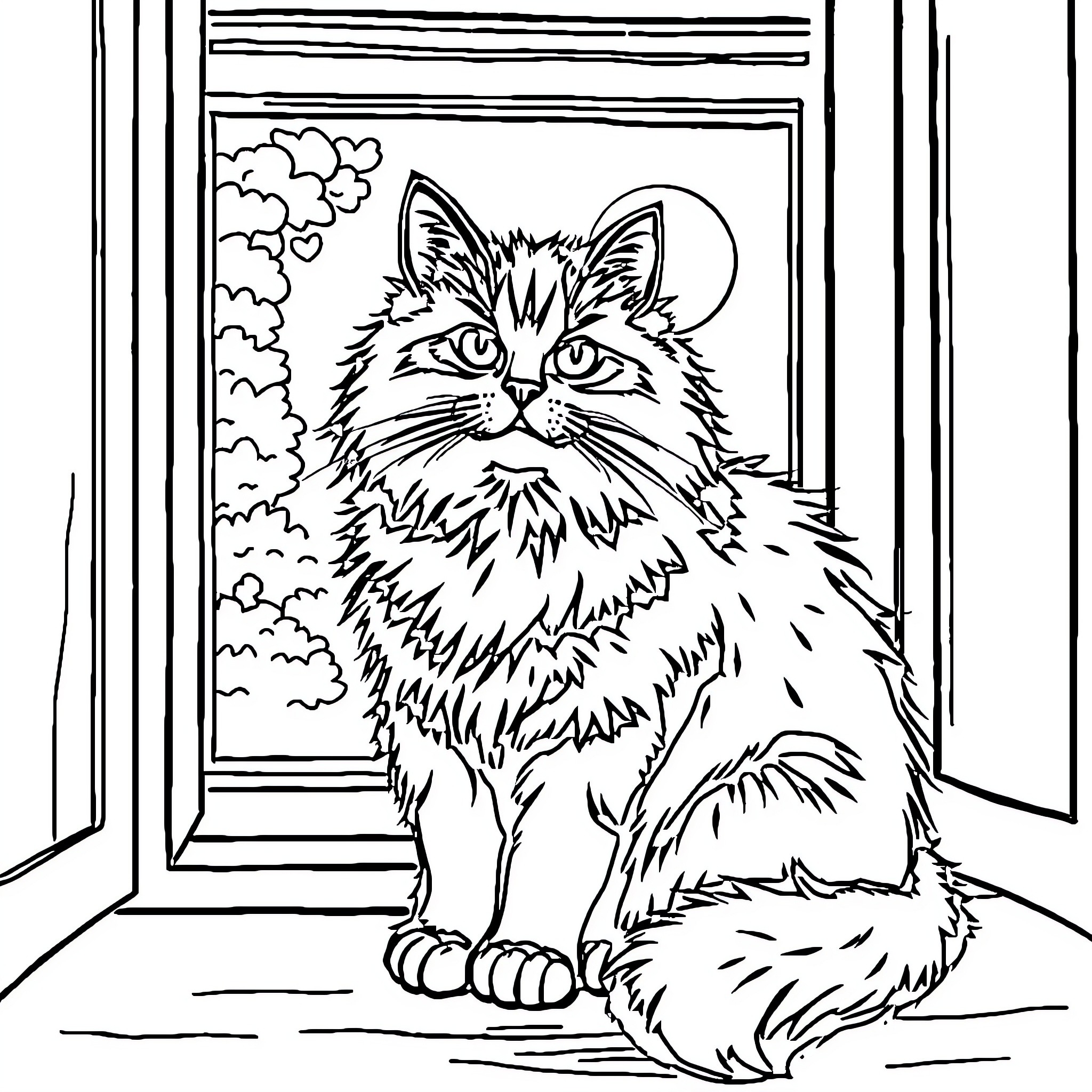 Cat sitting by the window Coloring Page (free black-and-white line drawing printable PDF for all, from beginners to advanced learners, including children, teens, adults, and seniors)
