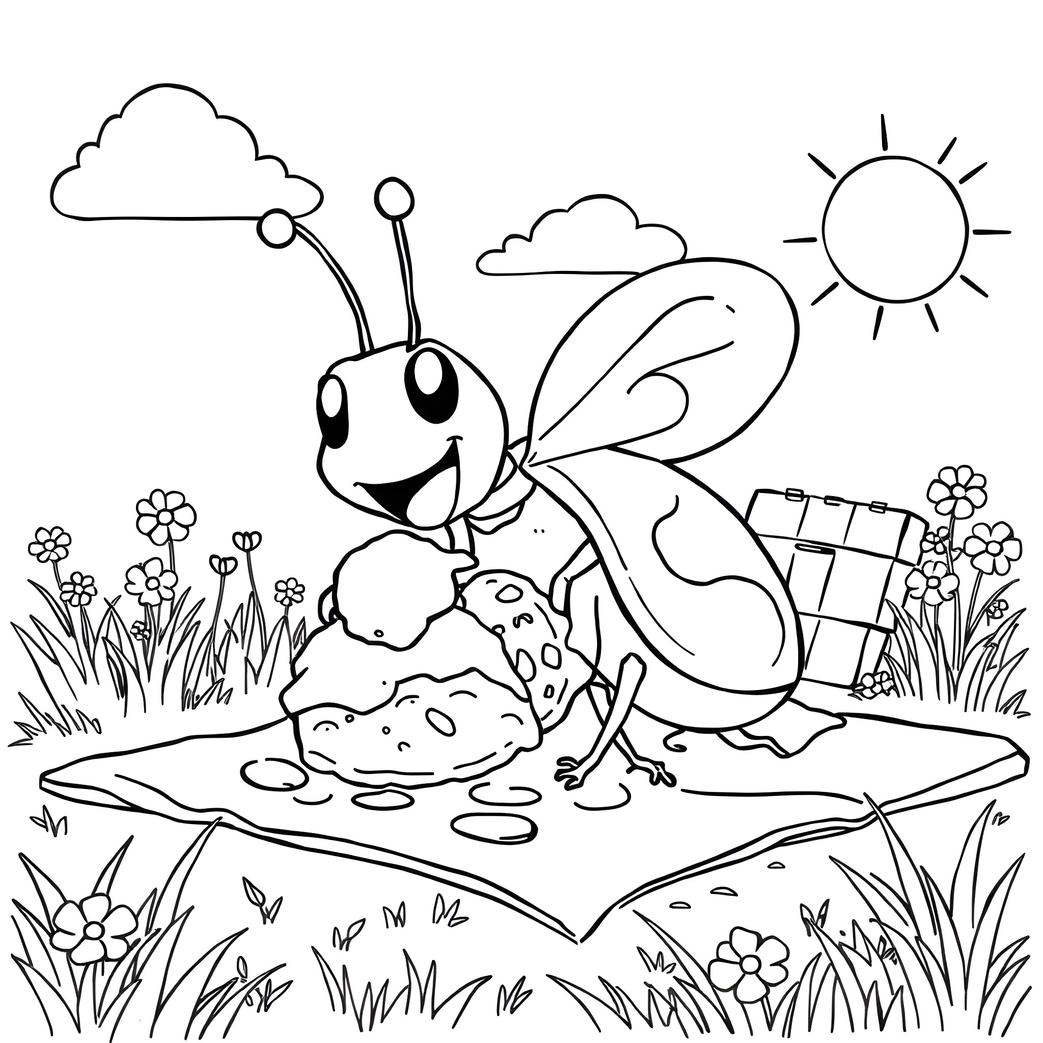 Bug exploring a whimsical garden scene Coloring Page (free black-and-white line drawing printable PDF for all, from beginners to advanced learners, including children, teens, adults, and seniors)