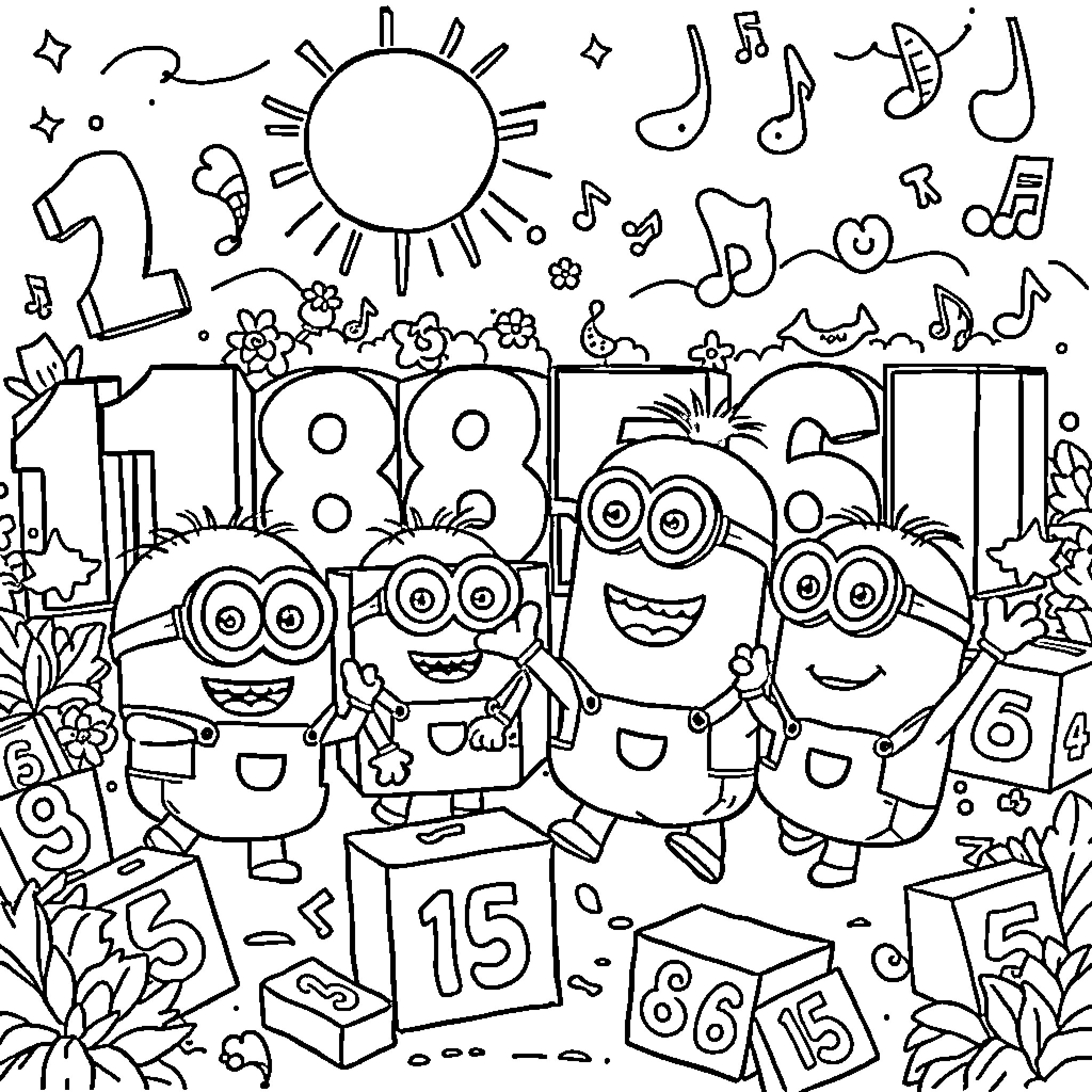 Minion characters celebrating with musical notes Coloring Page (free black-and-white line drawing printable PDF for all, from beginners to advanced learners, including children, teens, adults, and seniors)