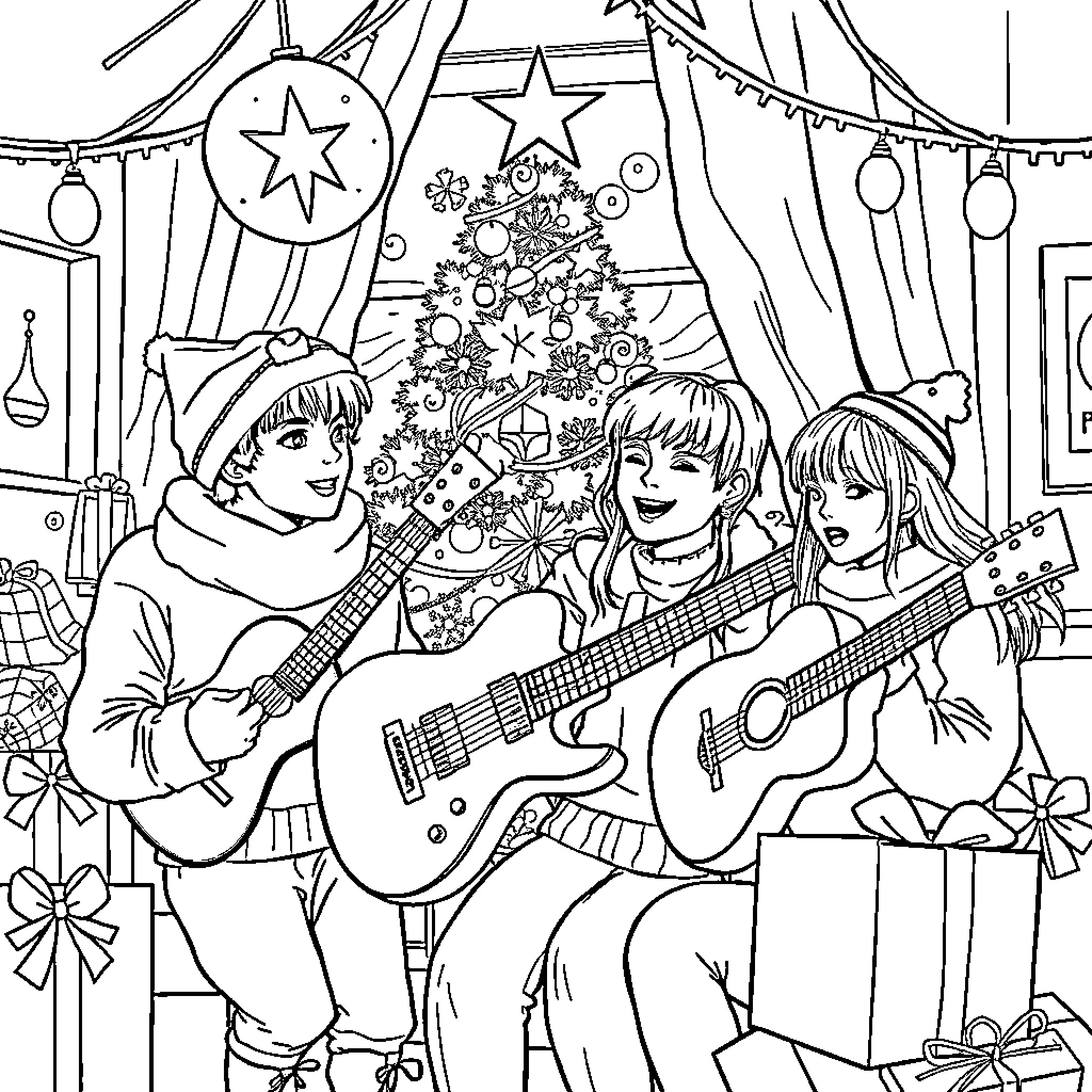 K Pop Band Performing Festive Music Coloring Page (free black-and-white line drawing printable PDF for all, from beginners to advanced learners, including children, teens, adults, and seniors)