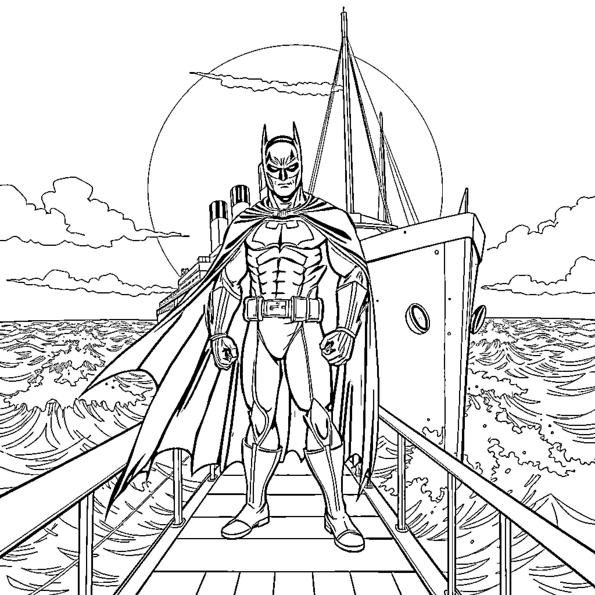 Batman standing heroically on a dock Coloring Page (free black-and-white line drawing printable PDF for all, from beginners to advanced learners, including children, teens, adults, and seniors)