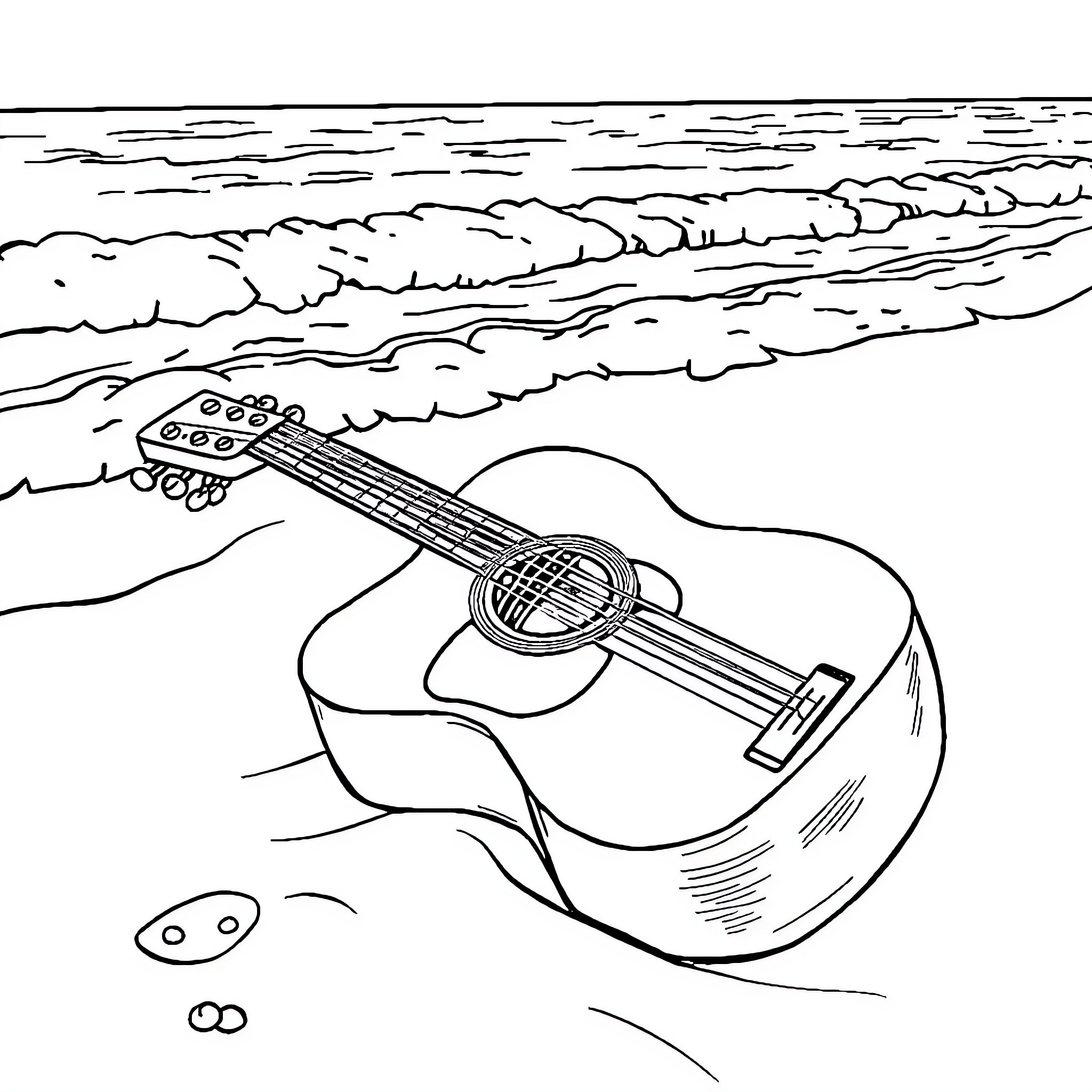Guitar on the beach under the cloudy sky Coloring Page (free black-and-white line drawing printable PDF for all, from beginners to advanced learners, including children, teens, adults, and seniors)