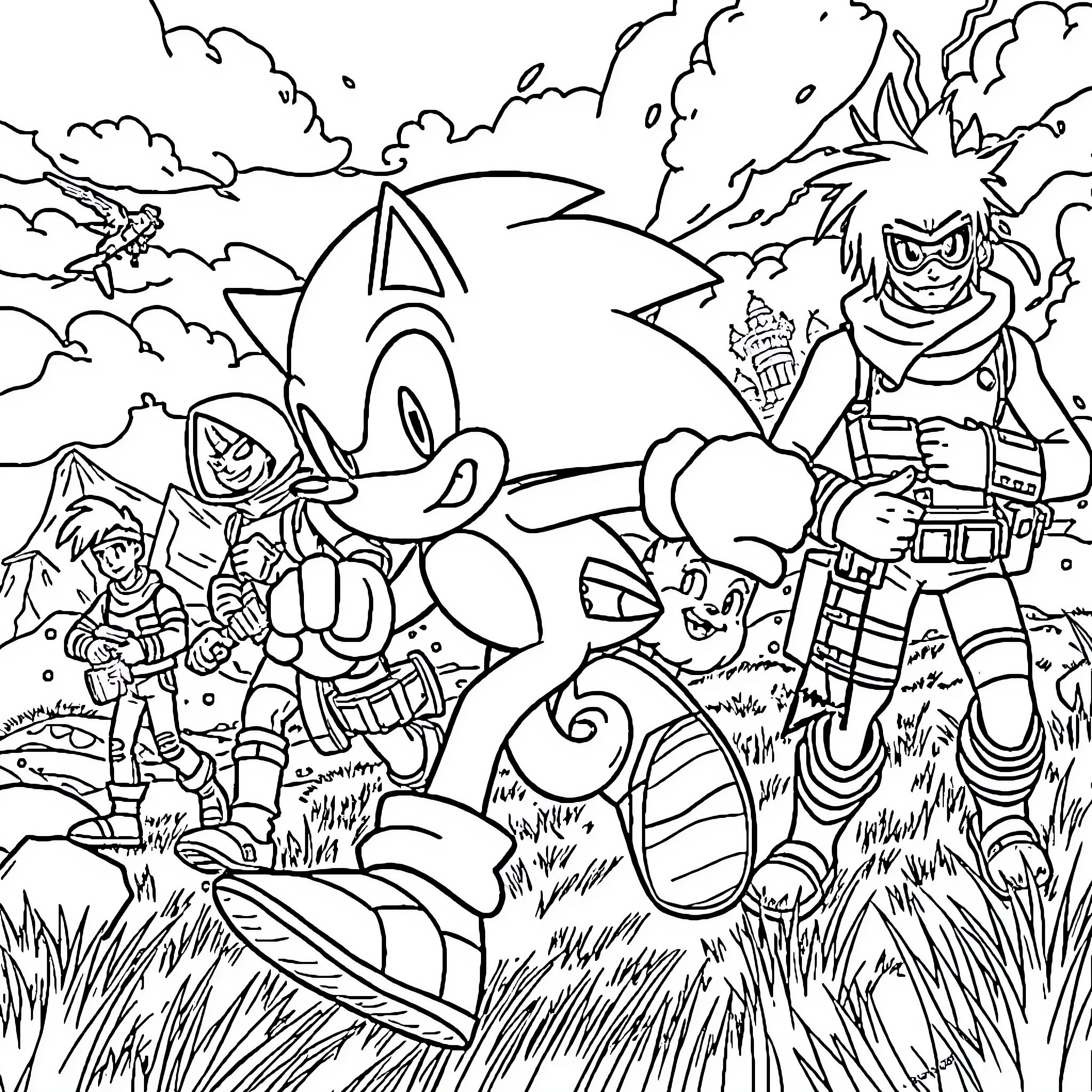 Sonic's Adventurous Journey with Friends Coloring Page (free black-and-white line drawing printable PDF for all, from beginners to advanced learners, including children, teens, adults, and seniors)